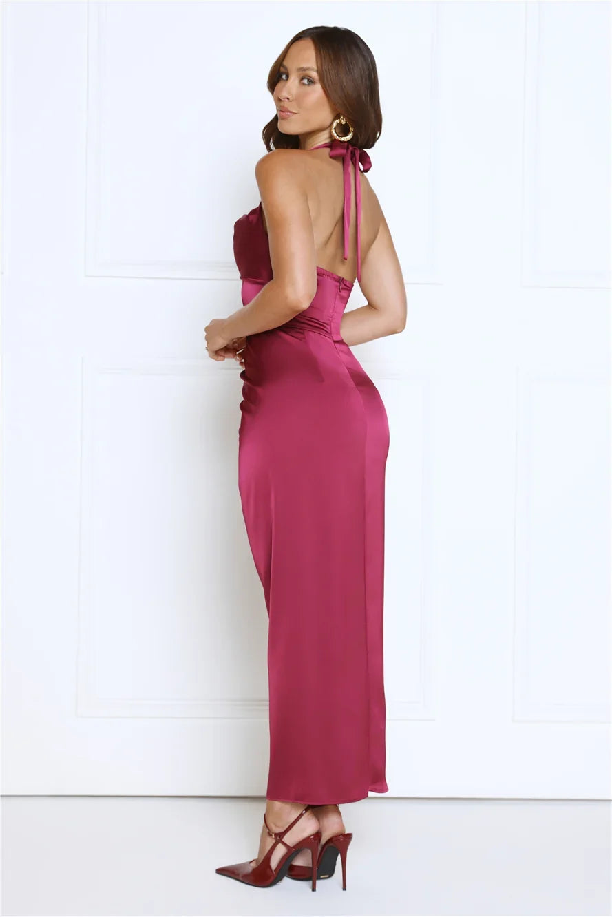 Dreamy And Sophisticated Satin Halter Midi Dress Wine