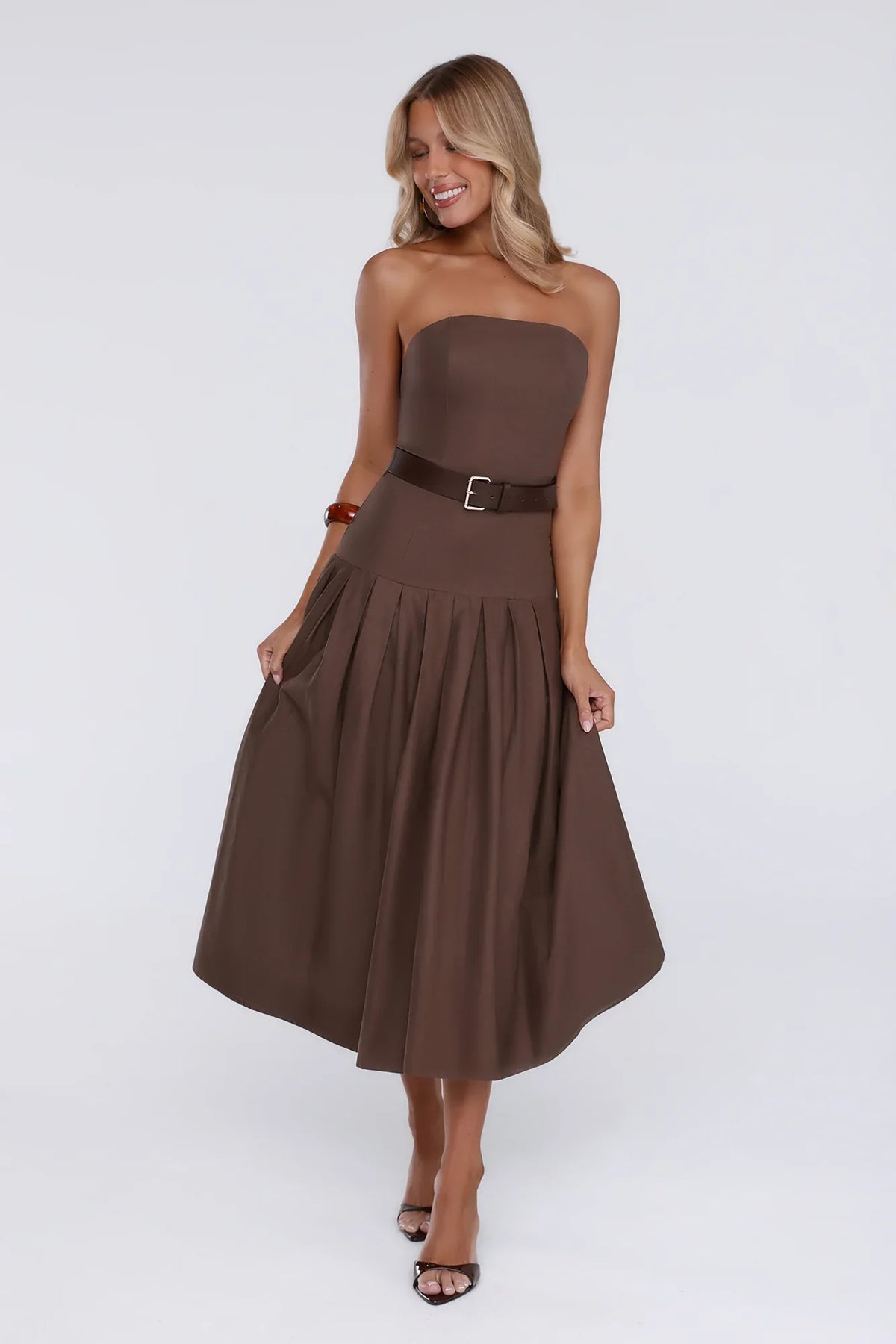 Modern Lady Strapless Midi Dress Brown