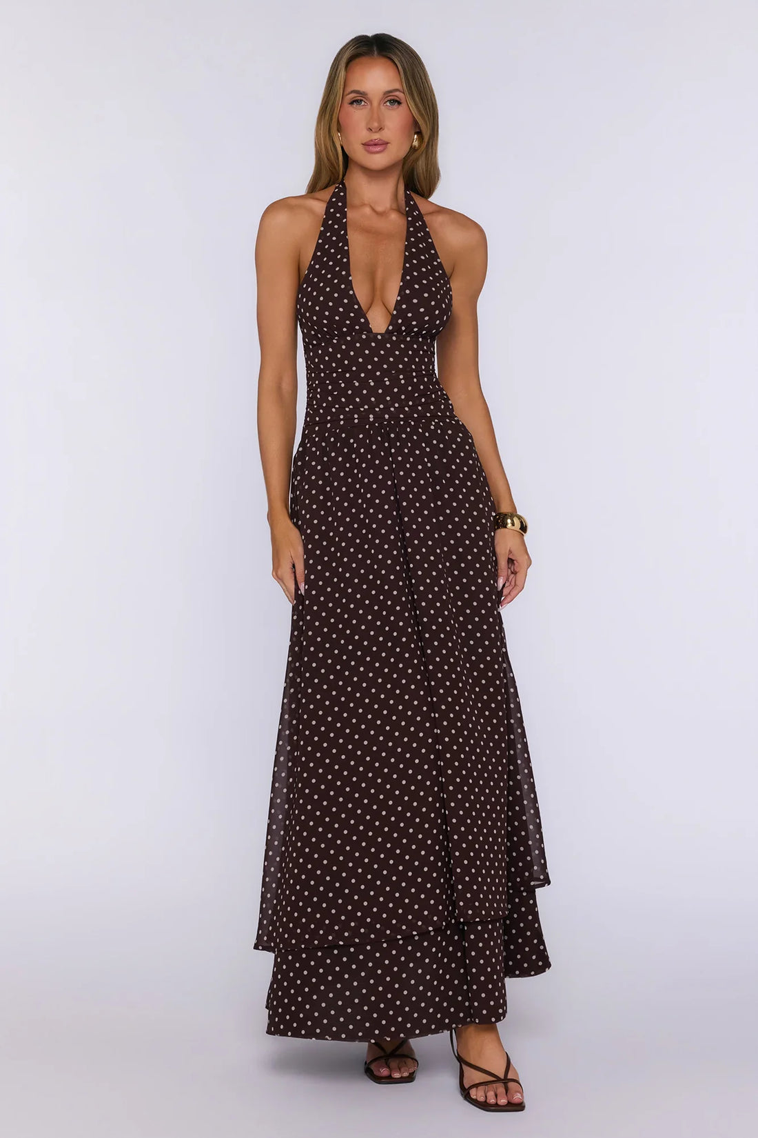 Dress Louder Halter Polka Dot Maxi Dress Brown
