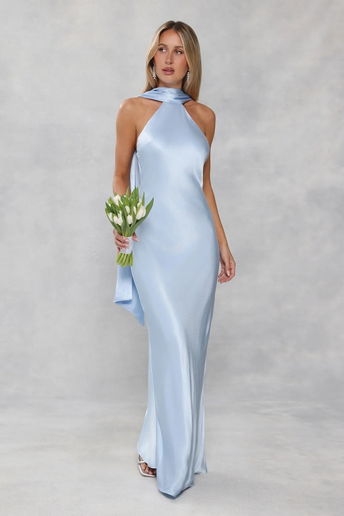 The Vivia Halter Satin Maxi Dress Light Blue