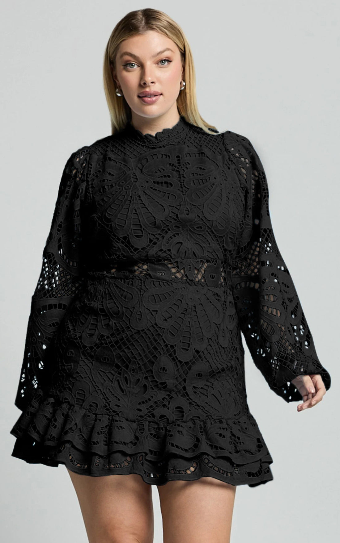 Kiss Me Now Mini Dress - Long Puff Sleeve Dress in Black Lace