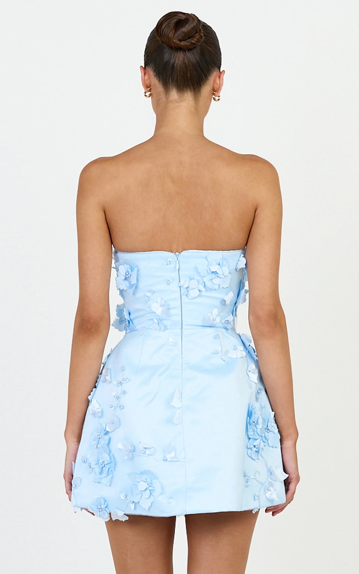 Delphine Mini Dress - Strapless Floral Embellished A Line Dress in Blue
