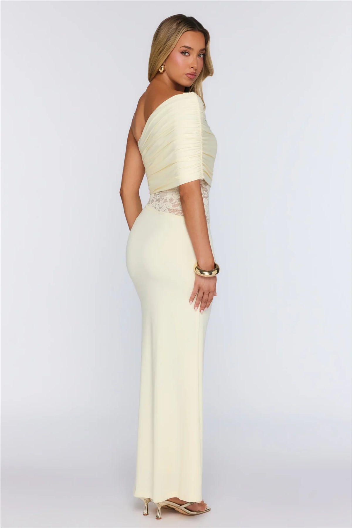 Soft Radiance Lace One Shoulder Maxi Dress Yellow