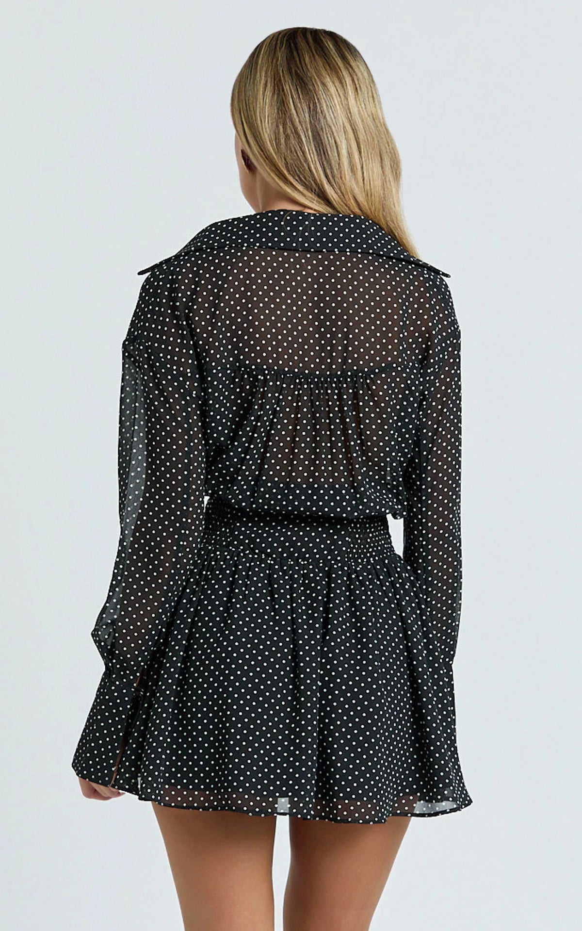 Valerie Mini Dress - Collared Long Sleeve Waist Shirt Dress in Black Polka Dot