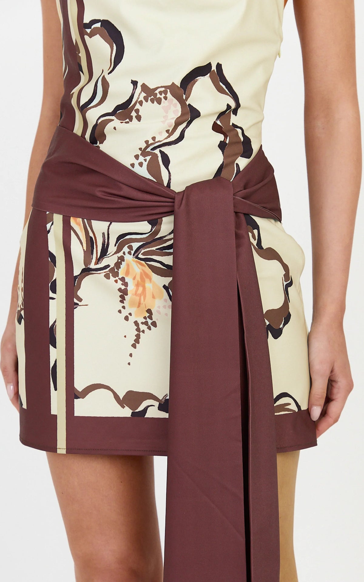Katherine Mini Dress - Halterneck Cowl Tie Waist Dress in Pistachio Line Floral Print