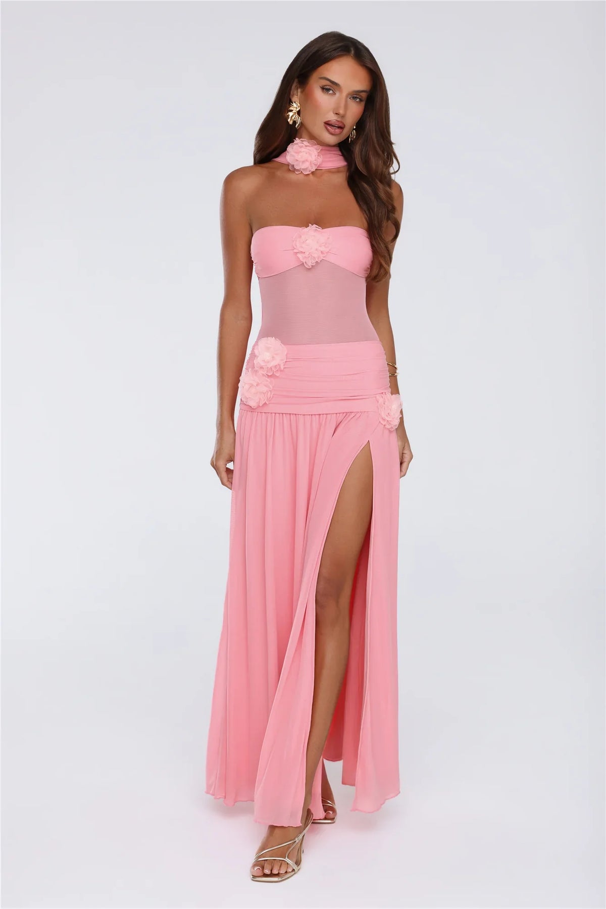 Island Allure Mesh Strapless Maxi Dress Pink