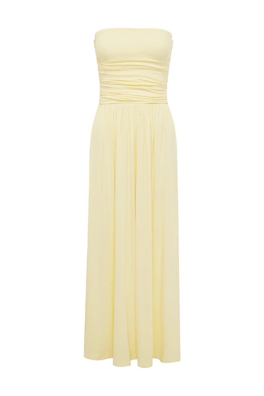 MALONE RUCHED STRAPLESS MAXI DRESS - LEMON