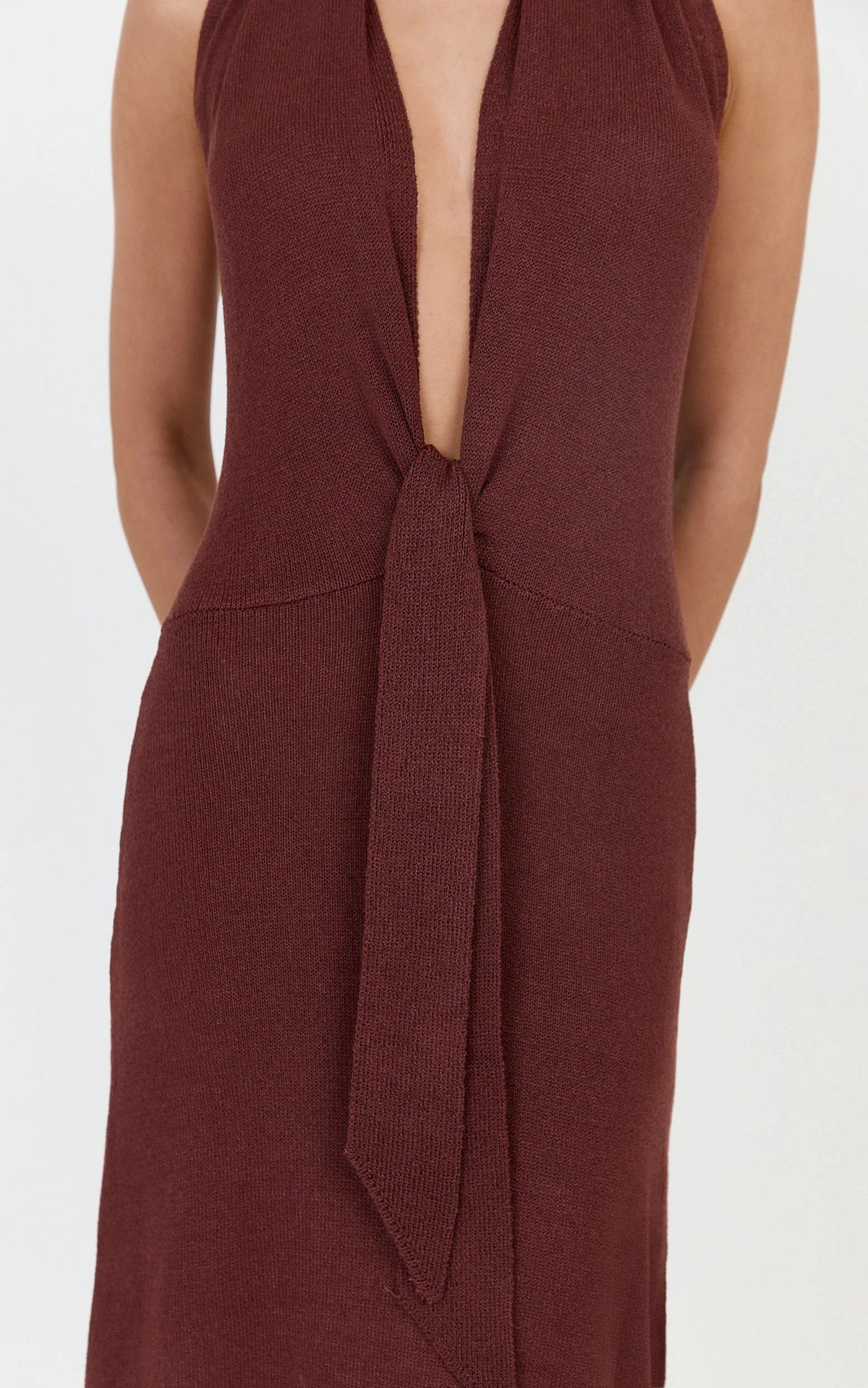 Florence Maxi Dress - Halterneck Tie Detail Knit Dress in Chocolate