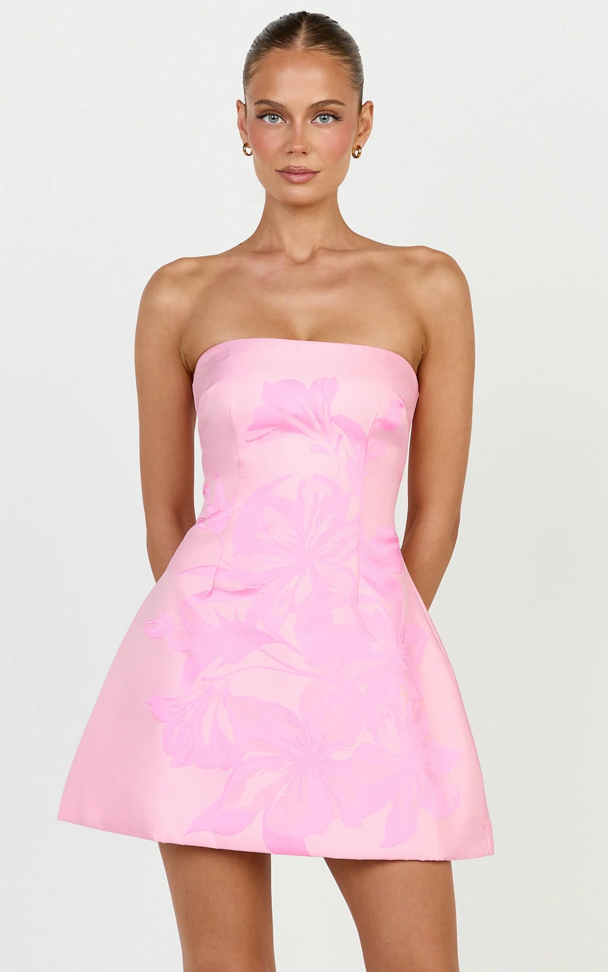 Emme Mini Dress - Strapless Jacquard Placement Floral A Line Dress in Pink