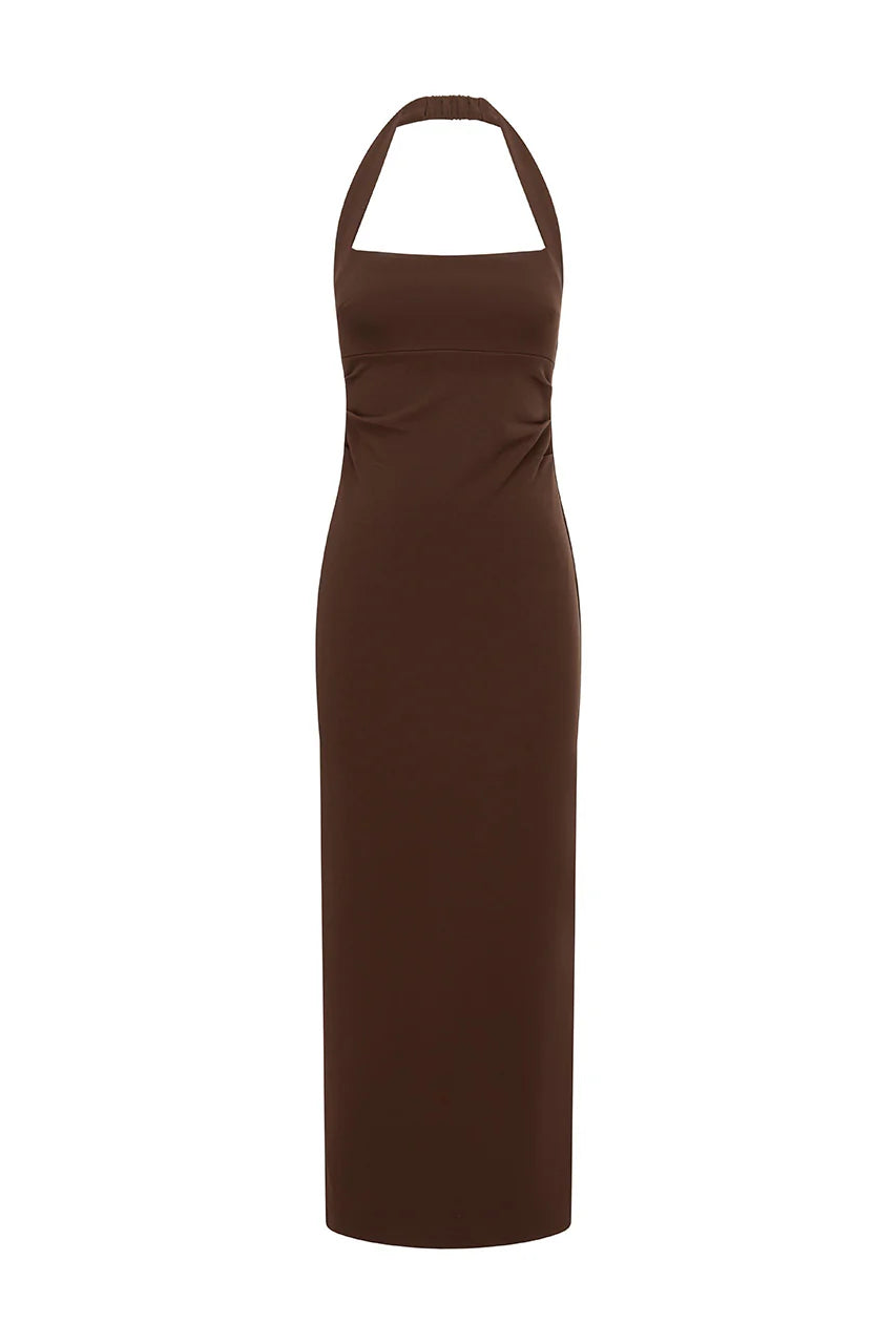 FRANCA HALTER MIDI DRESS - BITTER CHOCOLATE