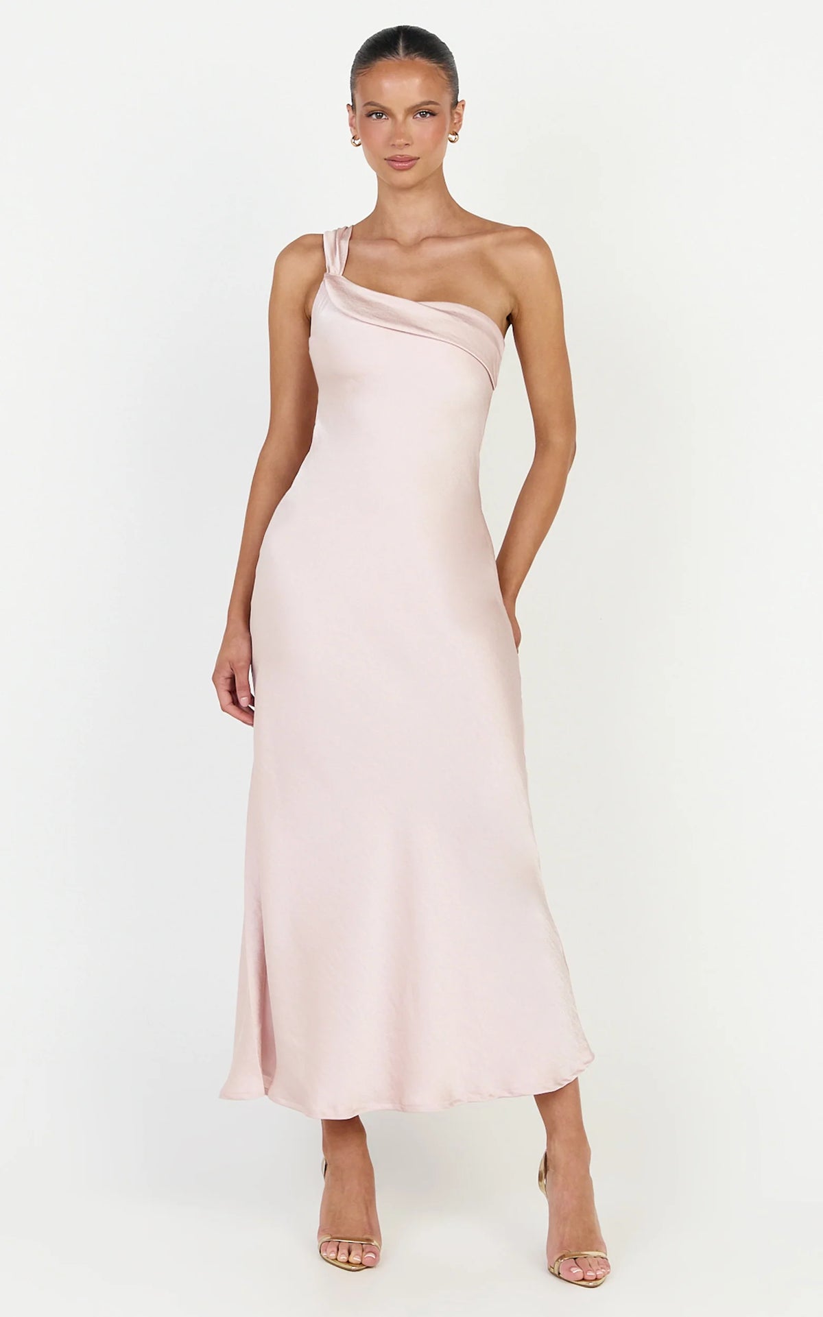 Calix Midi Dress - One Shoulder Slip Dress in Pink