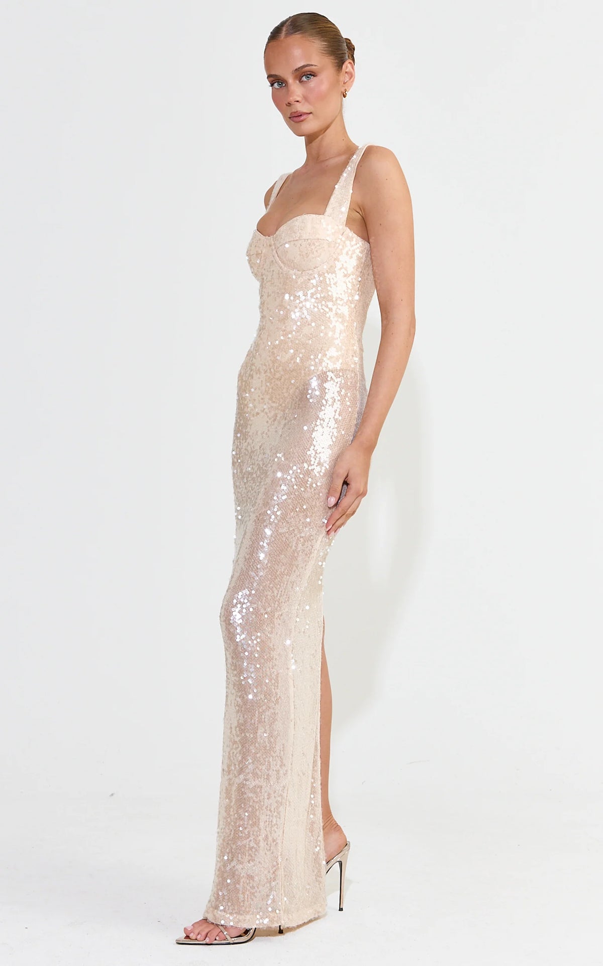 Noemi Maxi Dress - Sequin Sheer Dress With Back Split in Gold