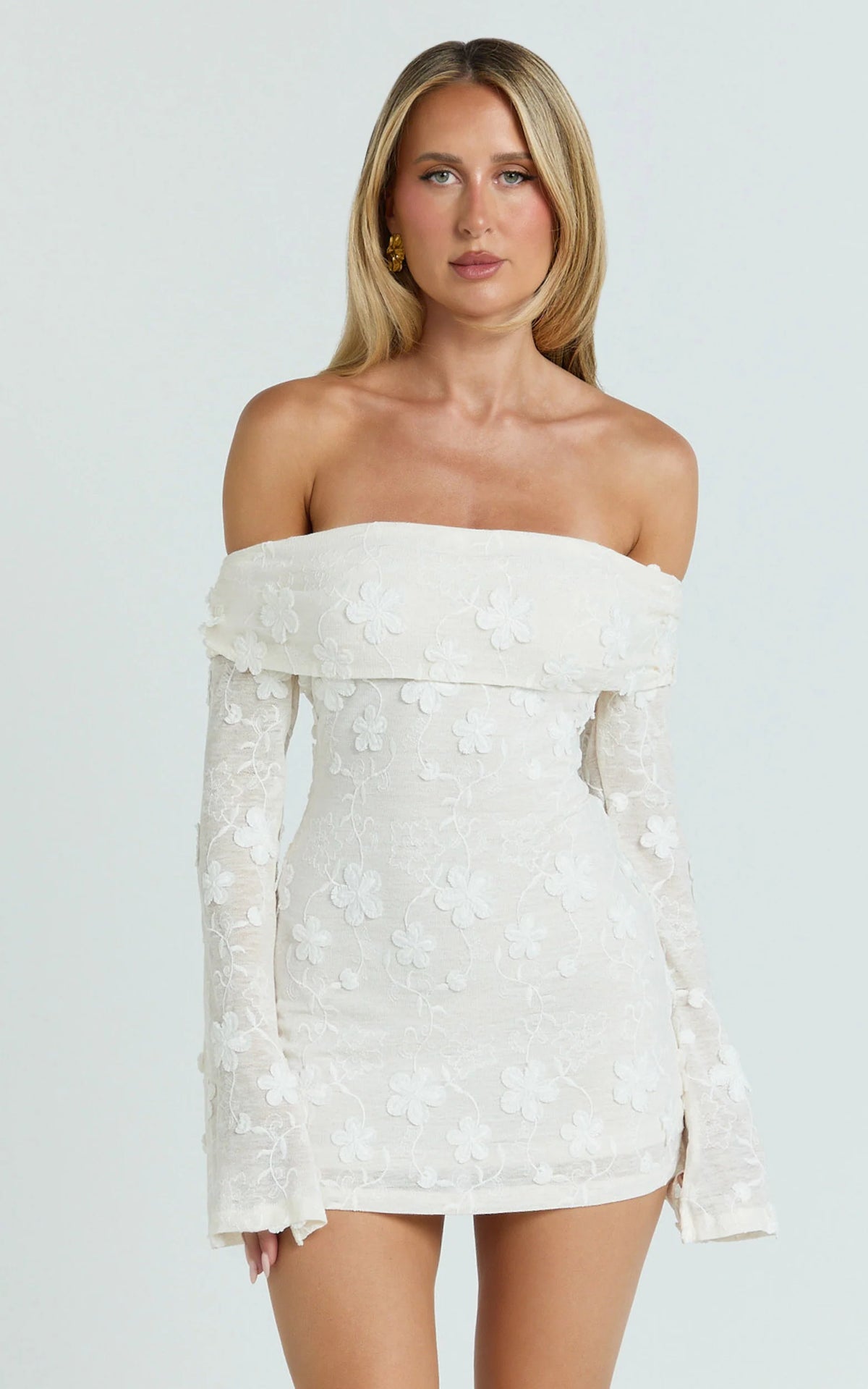 Raymond Mini Dress - Off Shoulder Long Sleeve Fitted Dress in Ivory