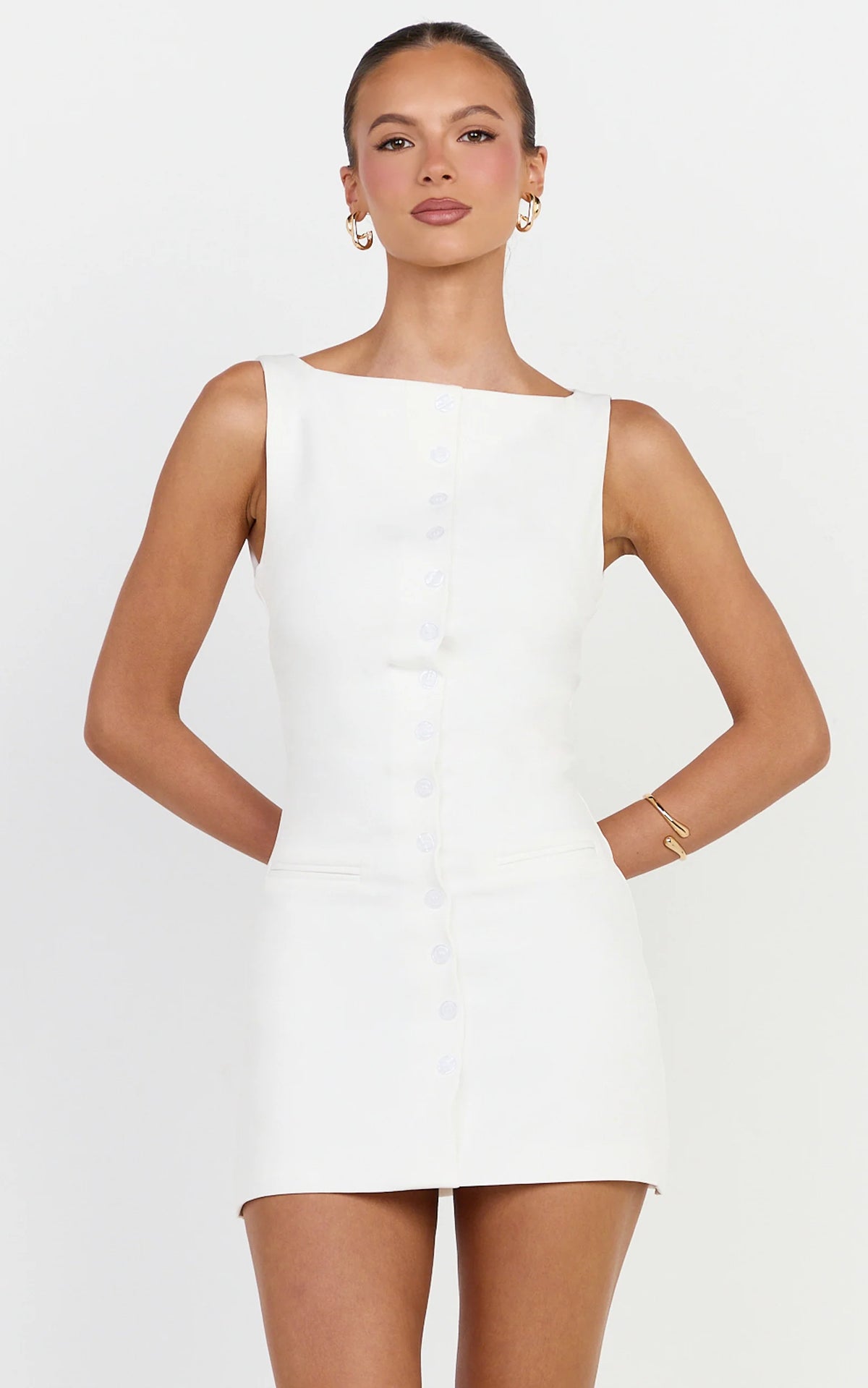 Adela Mini Dress - Mock Button Thru Boat Neck Dress in White