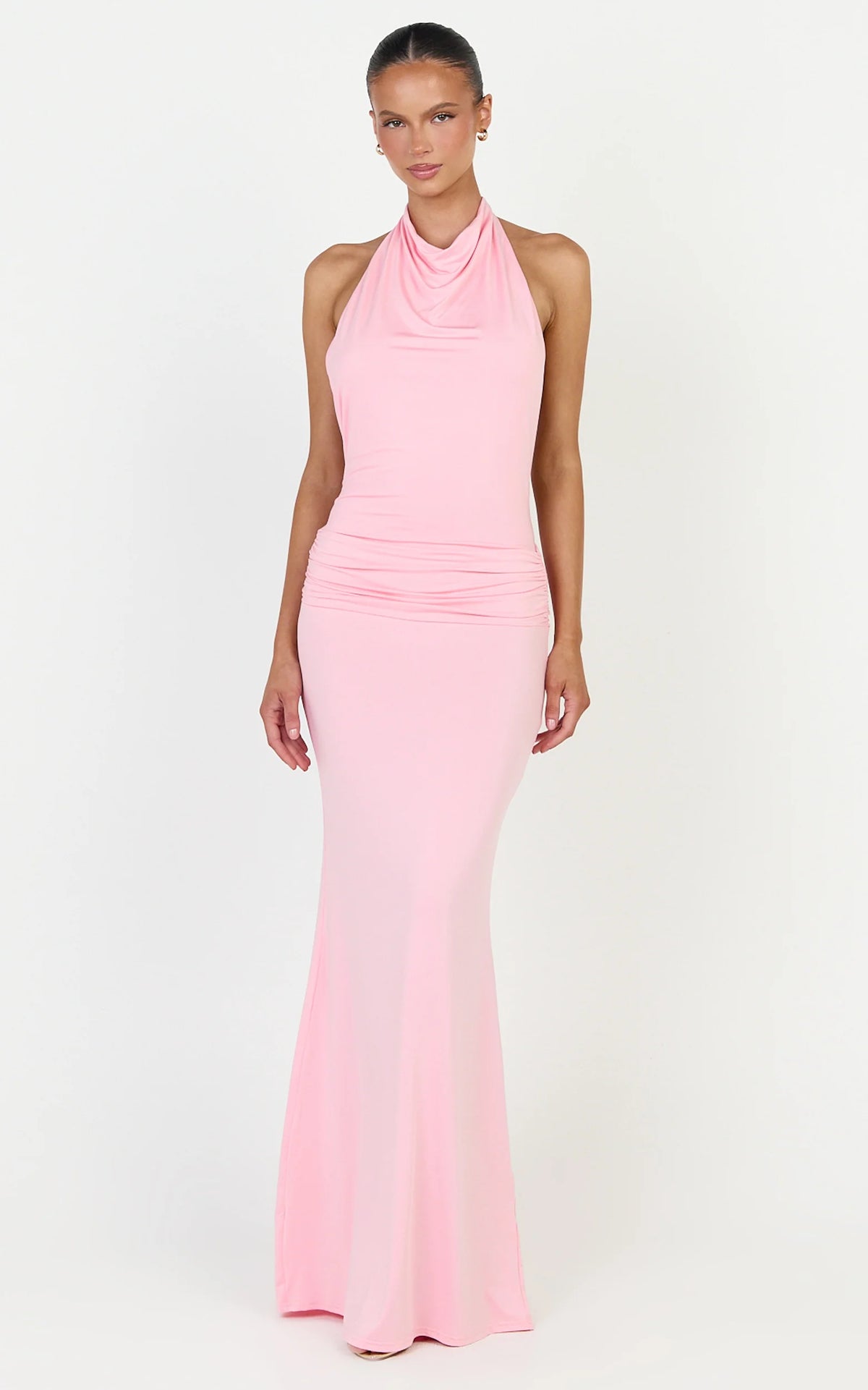 Lizzy Maxi Dress - Backless Ruched Bodycon Dress in Pink