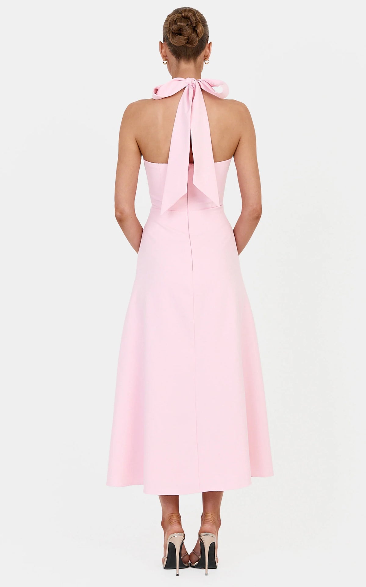 Karissa Midi Dress - Halter Neck Fit and Flare Midi Dress in Baby Pink
