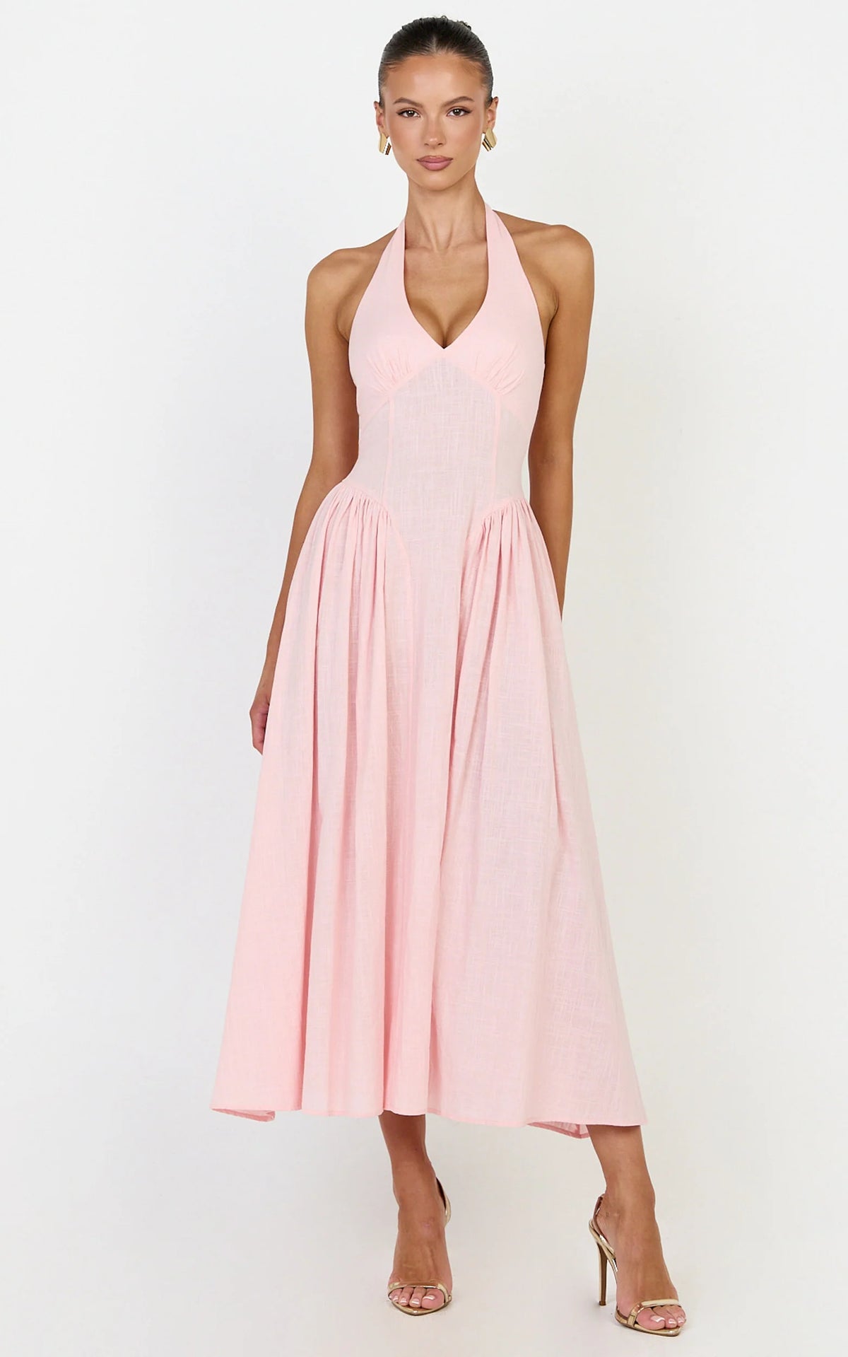 Athena Midi Dress - Halter Drop Waist Dress in Pink