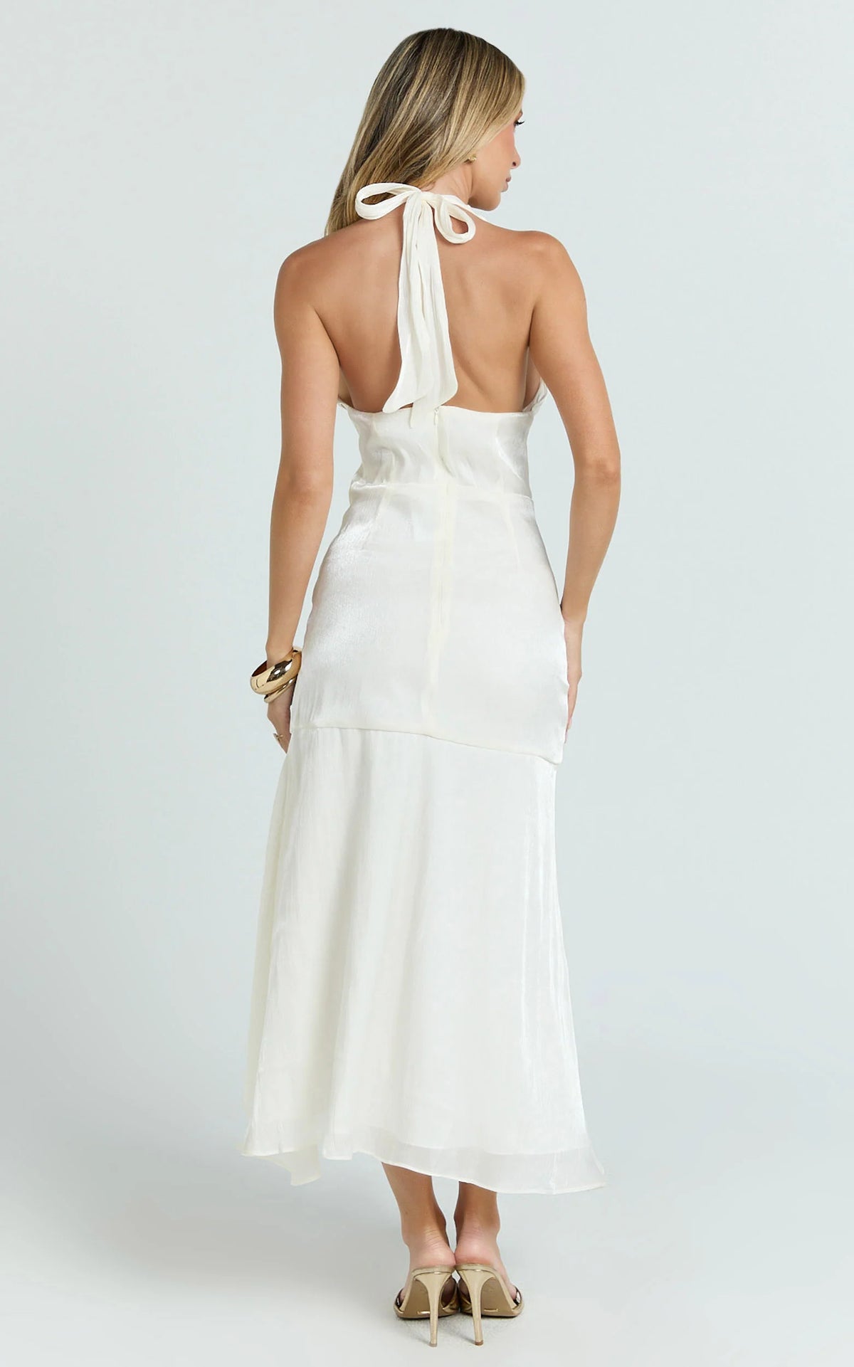 Carmela Midi Dress - Gather Bust and Shoulder Strap With Front Leg Split Dress in Off White