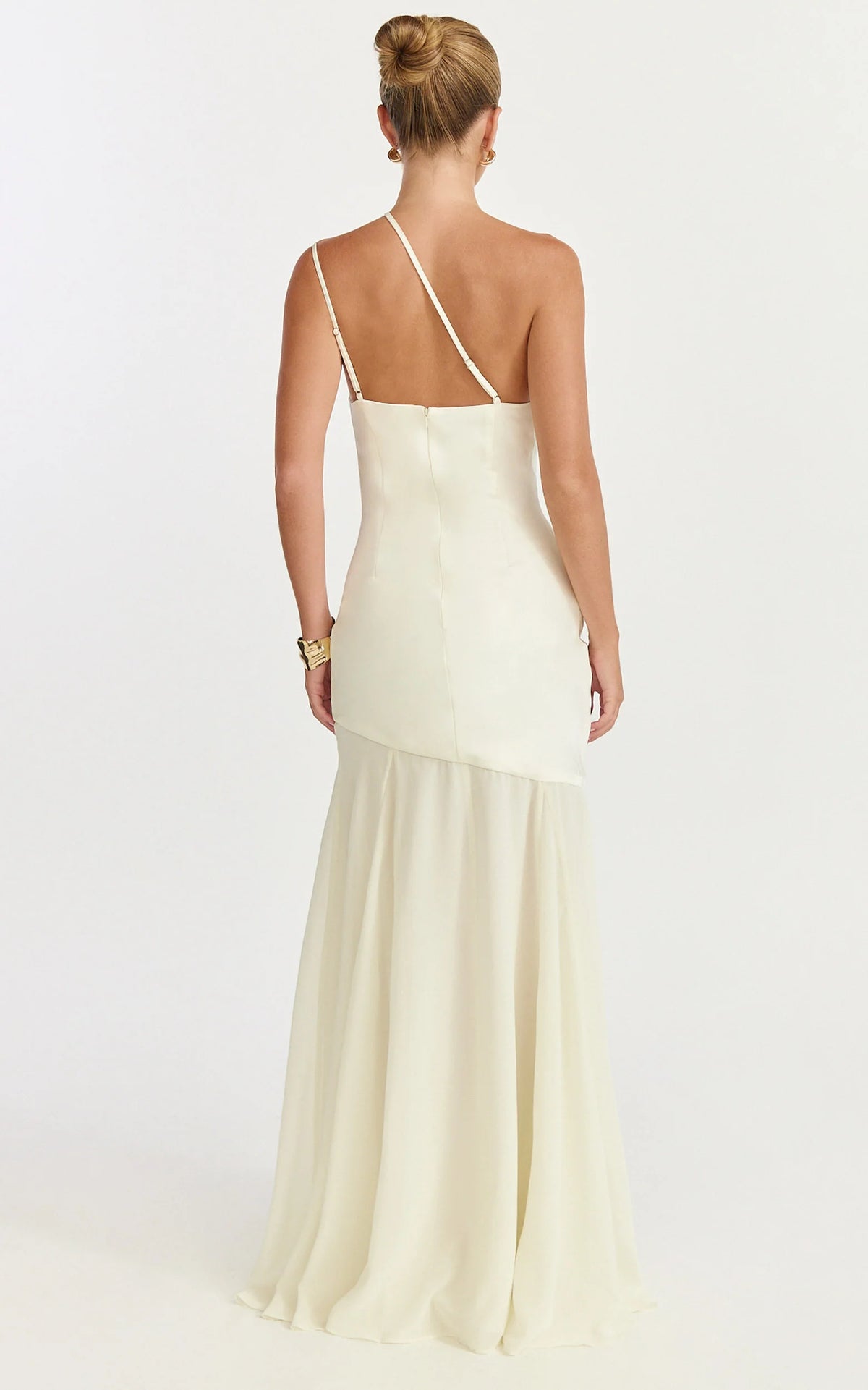 Flynn Maxi Dress - Asymmetric Neck Sheer Skirt Dress in Ivory