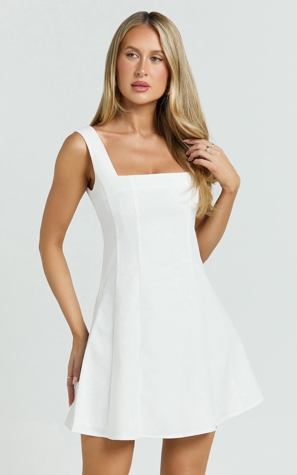 Adiana Mini Dress - Linen Square Neck Shirred Back A Line Dress in Off White