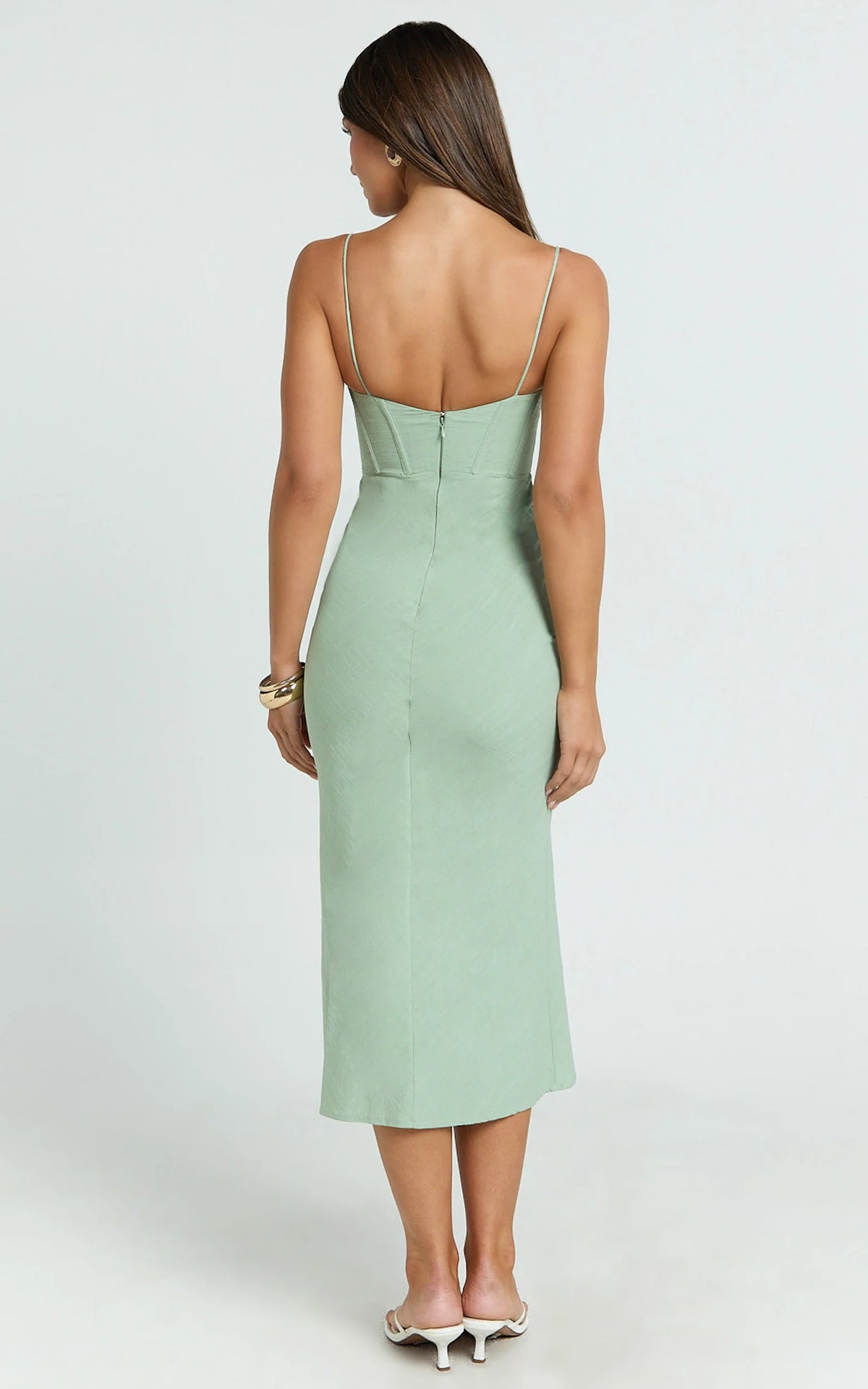 Mikayla Midi Dress - Linen Scoop Neck Ruched Bust Corset Waist Bias Skirt Dress in Sage