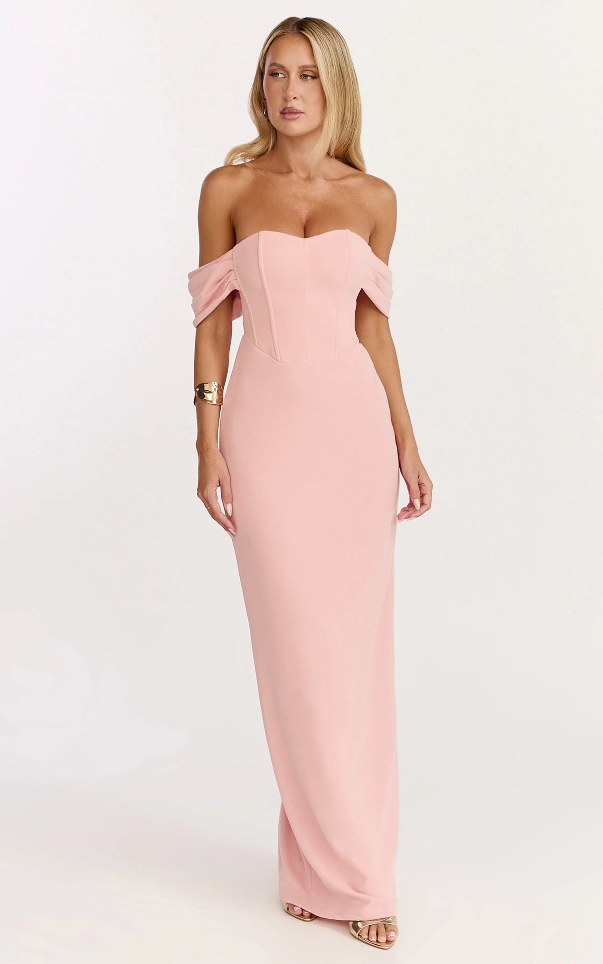 Karina Maxi Dress - Off Shoulder Corset Bodice Lace Up Back Dress in Pink