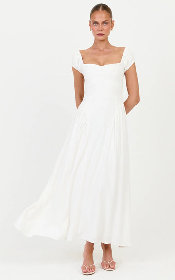 Astrid Midi Dress - Sweetheart Neckline Capped Sleeve Dress in Off White