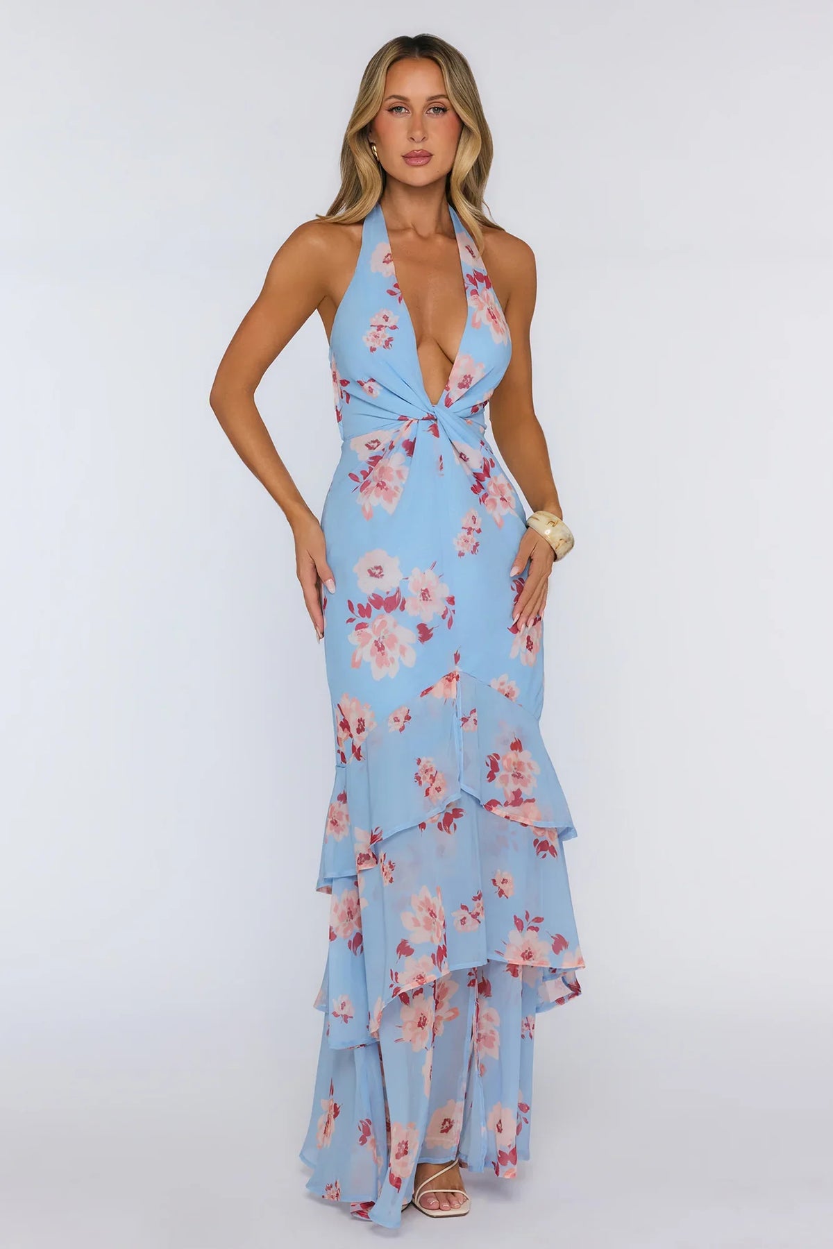 Floral Halter Twist Detail Tiered Maxi Dress Blue