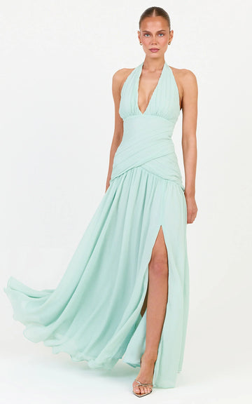 Zadie Maxi Dress - Plunge Halter Neck Dropped Cross Waist Dress in Mint