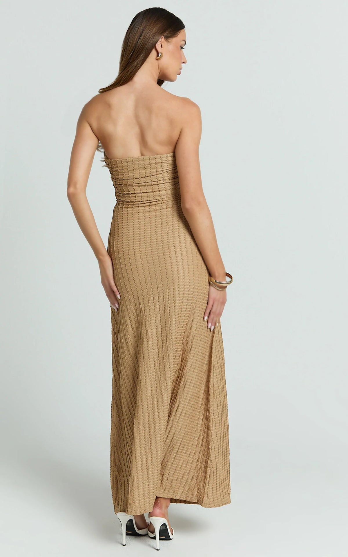 Santiago Midi Dress - Textured Jersey Strapless Twist Waist Dress in Beige