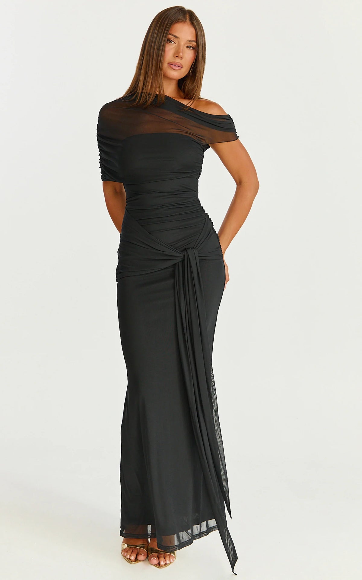Nicolette Maxi Dress - Cape Sleeve Off Shoulder Dress in Black