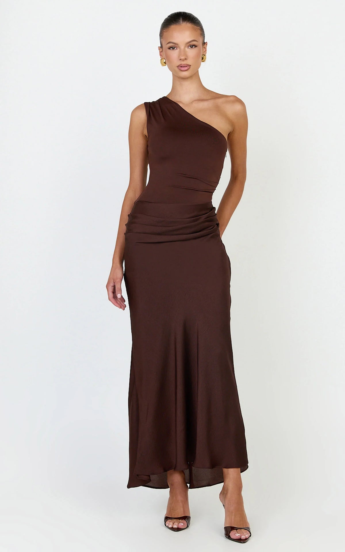 Astrid Midi Dress - One Shoulder Contrast Satin Dress in Chocolate