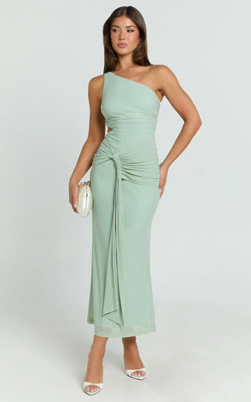 Mandy Midi Dress - Knot Detail Cut Out Mesh Dress in Sage
