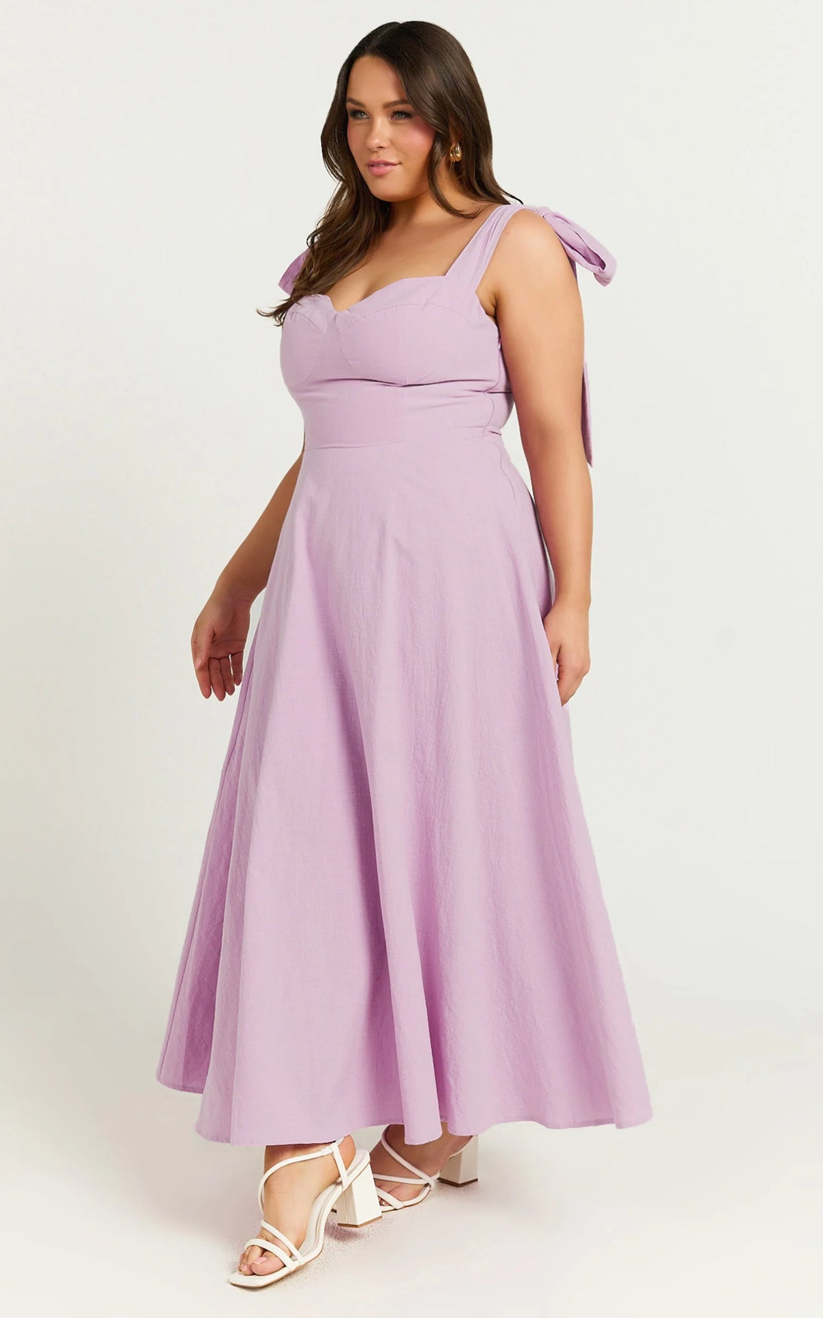 Tymia Midi Dress - Shoulder Tie Bustier Shirred Back A Line in Lavender