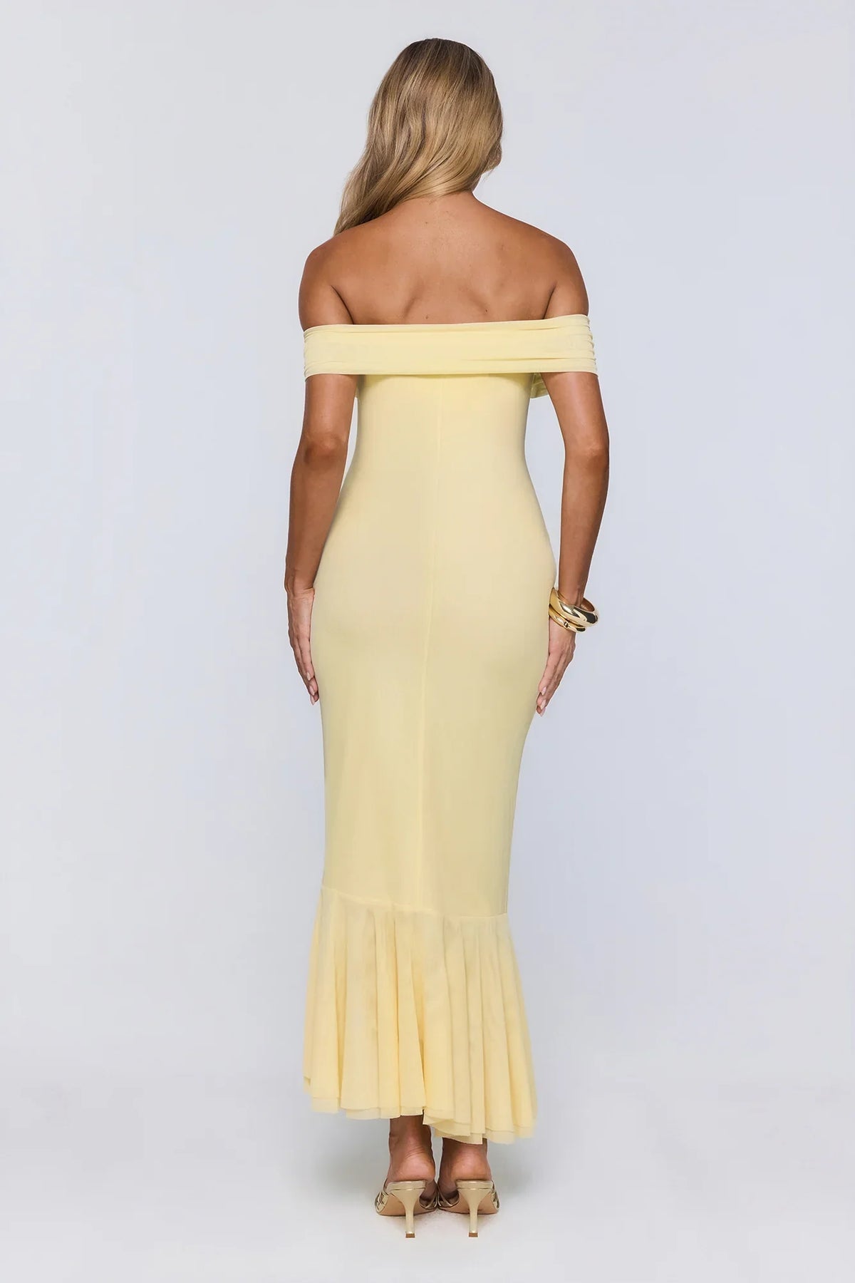 Daily Glow Off Shoulder Mesh Midi Dress Yellow