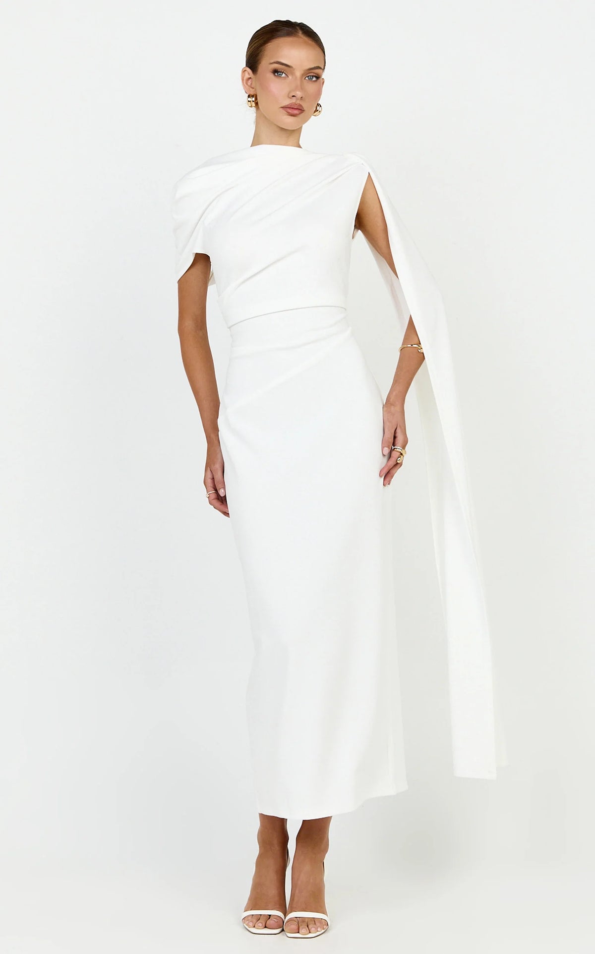Visenta Midi Dress - Asymmetrical Sleeve Dress in White