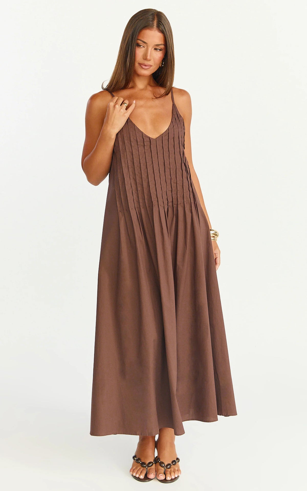 Estelle Maxi Dress - V Neck Pleated Dress in Chocolate