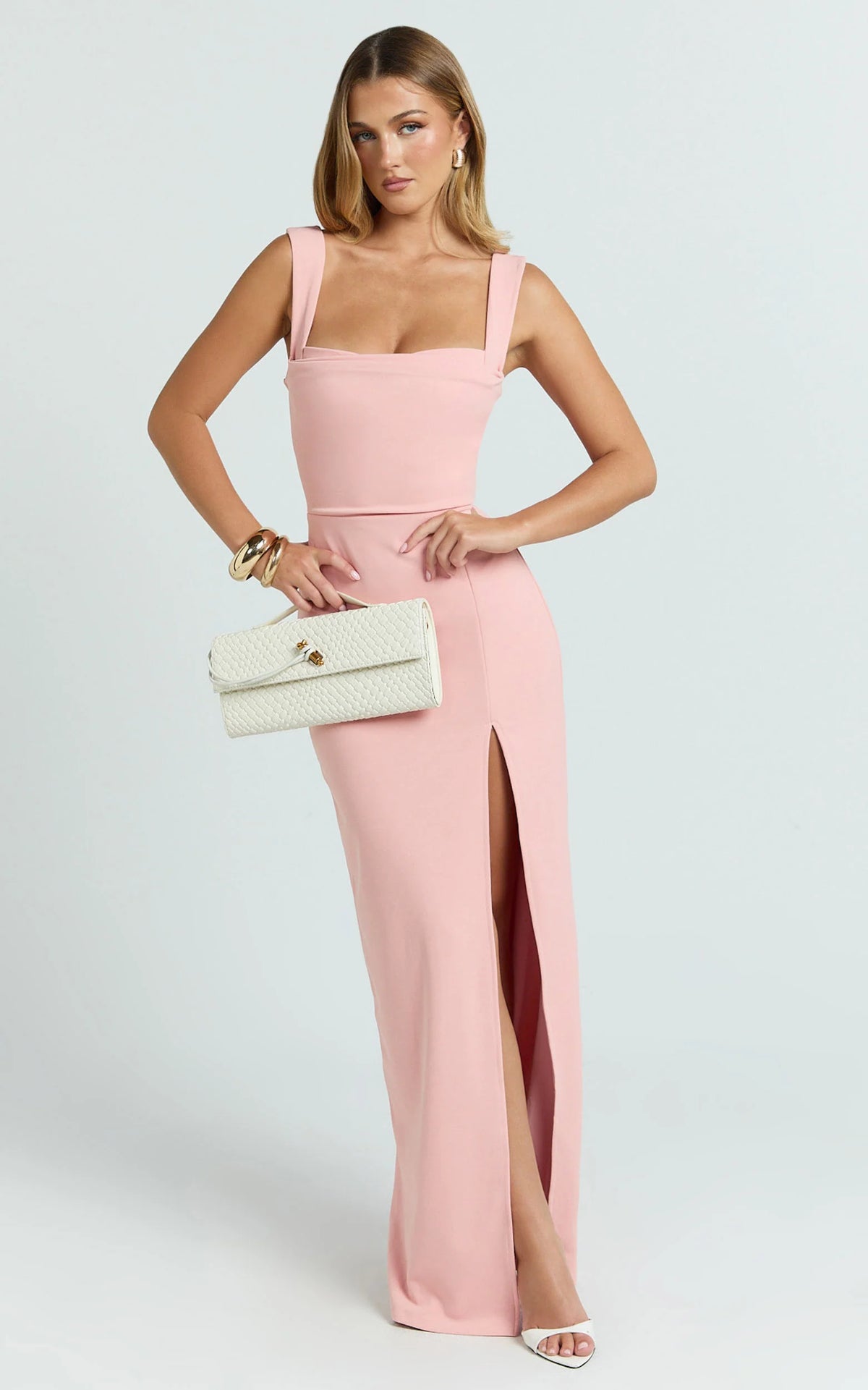 Donna Maxi Dress - Cowl Neck Column High Split Dress in Pale Pink