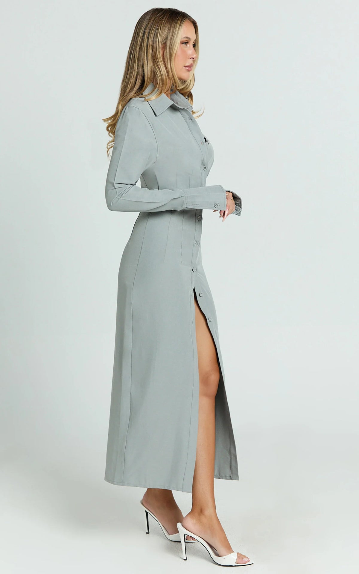 Genevieve Midi Dress - Slim Shirt Dress in Light Grey