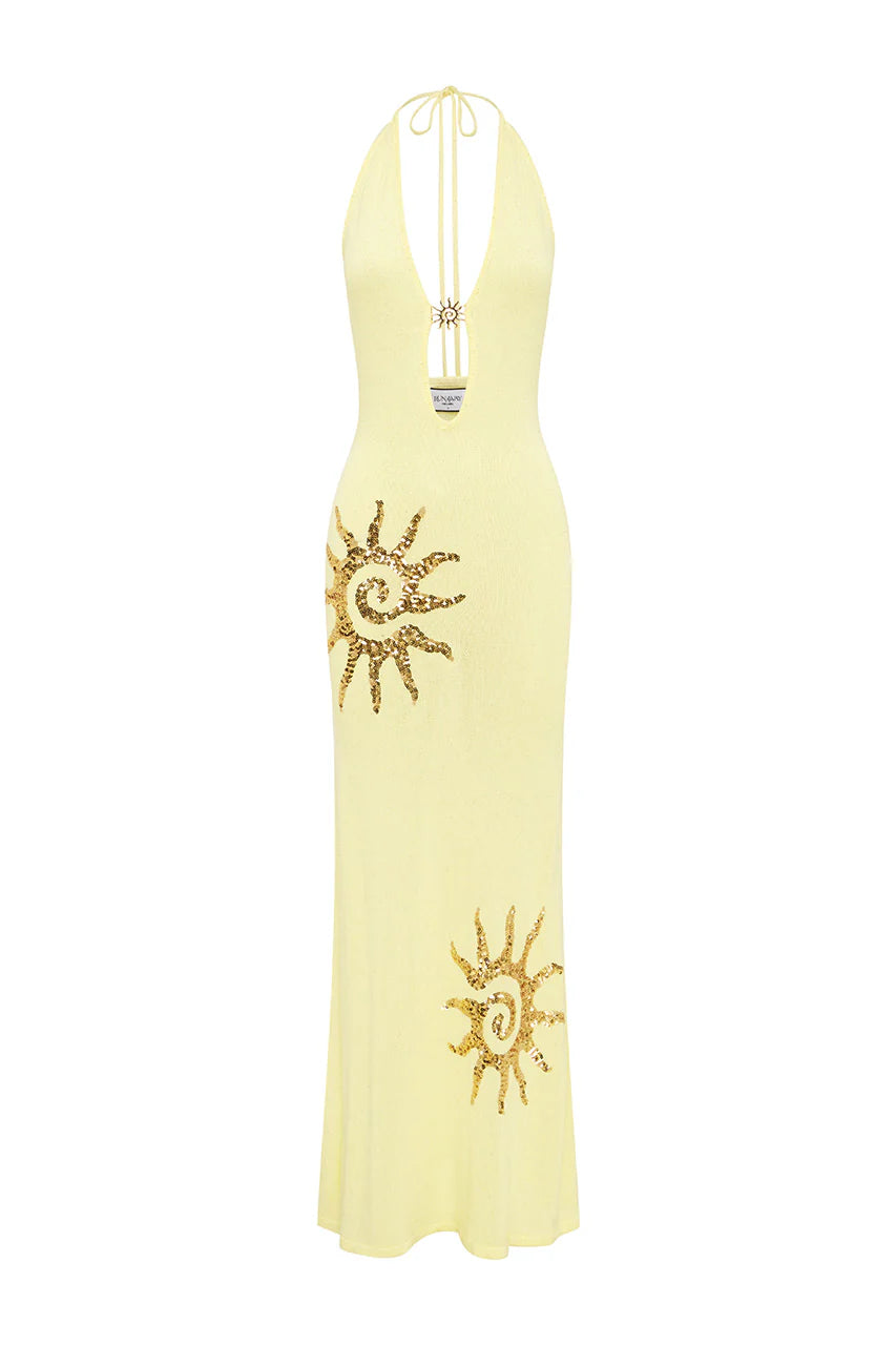 SABRINA HALTER KNIT MAXI DRESS - LEMON