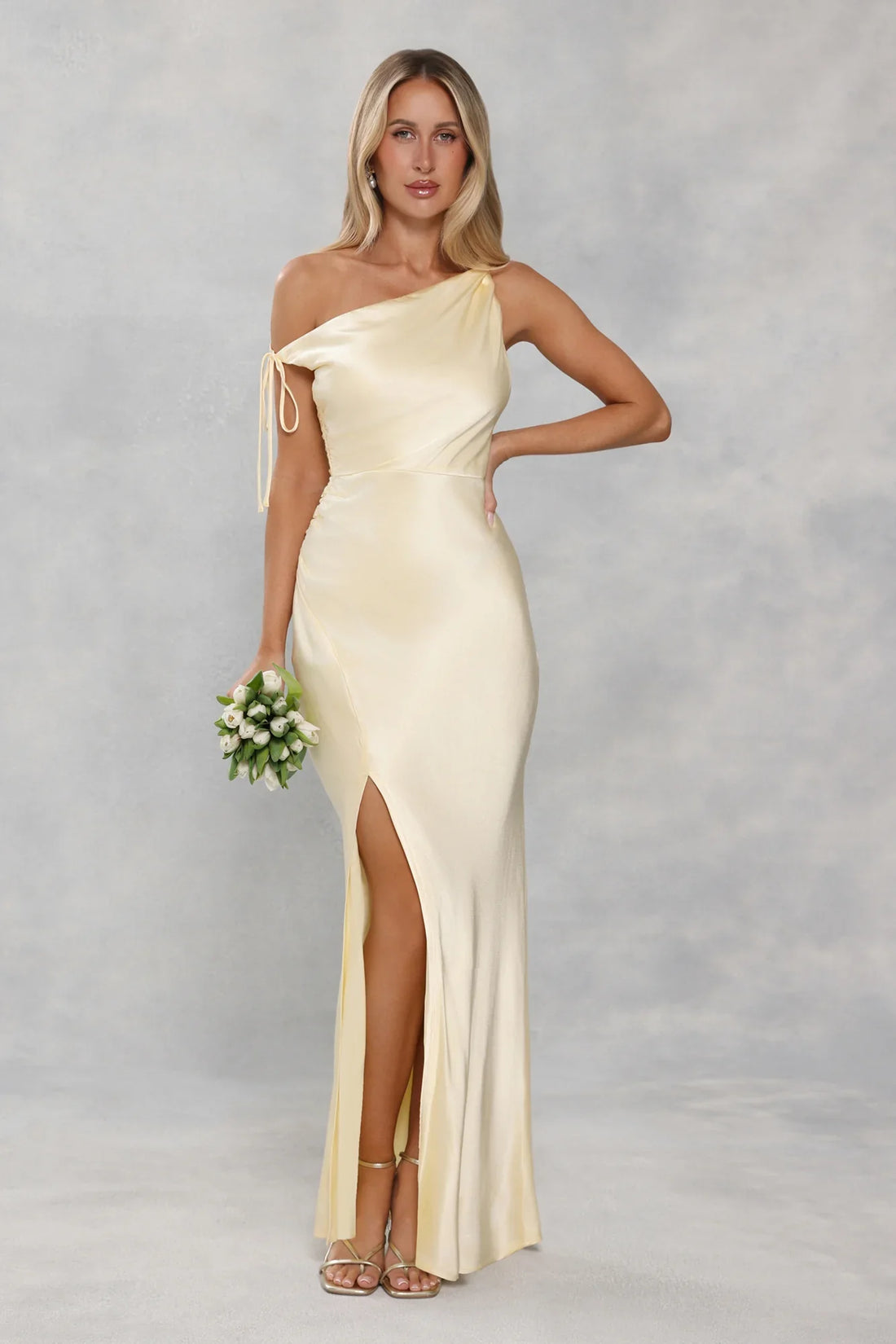 The Clover Off Shoulder Satin Maxi Dress Yellow