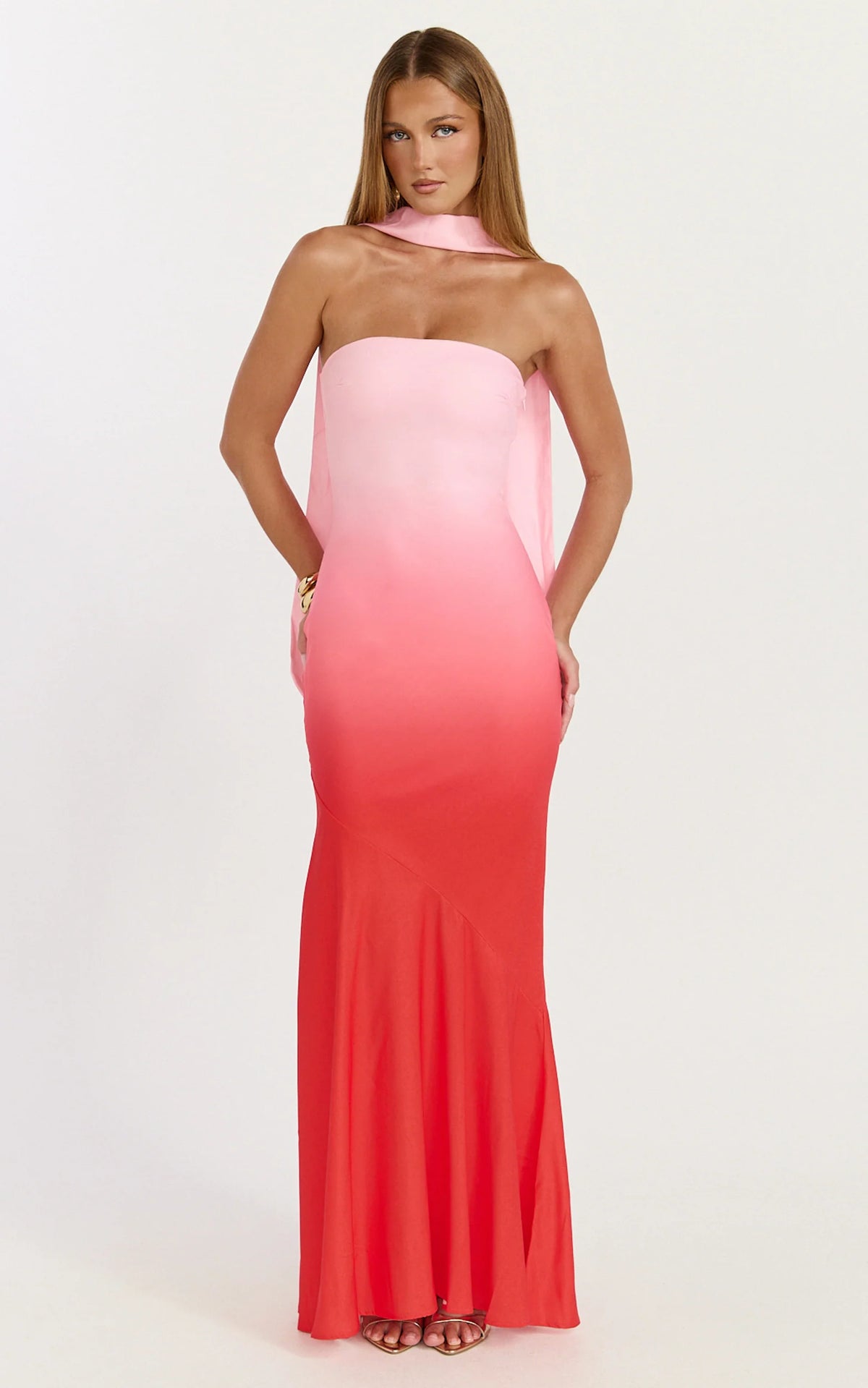 Lolly Maxi Dress - Strapless Bias Column Dress with Scarf in Blush Ombre Print