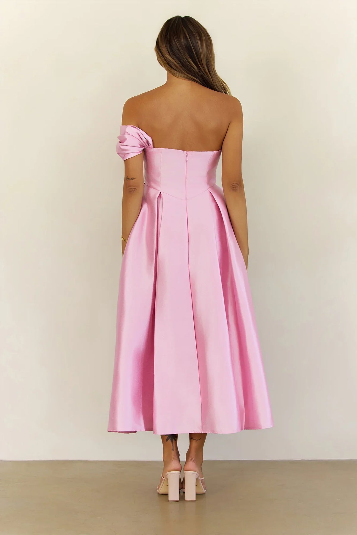 Timeless Satin Folded Off Shoulder Midi Dress Pink