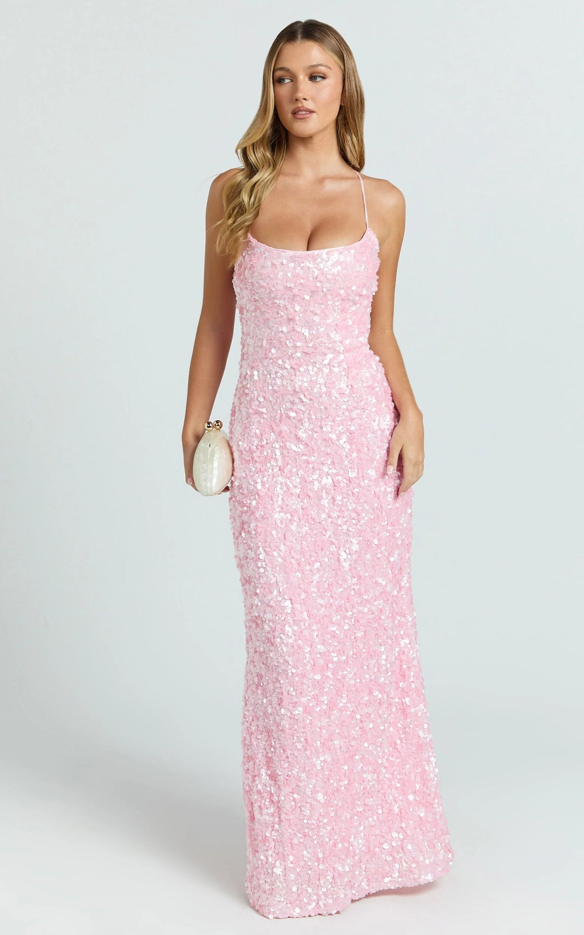 Clara Maxi Dress - Scoop Neck Tie Back Fitted Sequin Dress in Pink