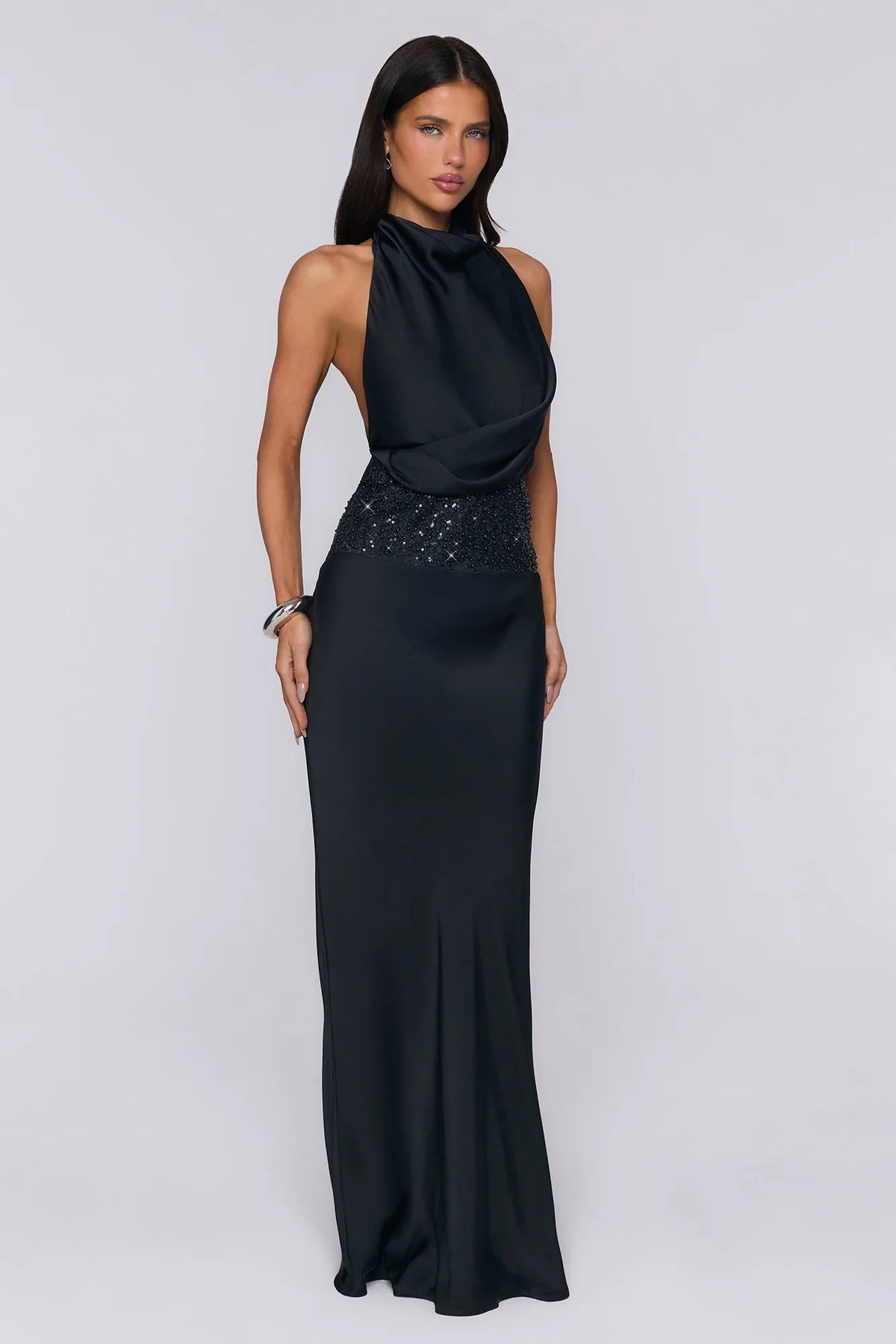 Gossip And Glitter Halter Satin Maxi Dress Black