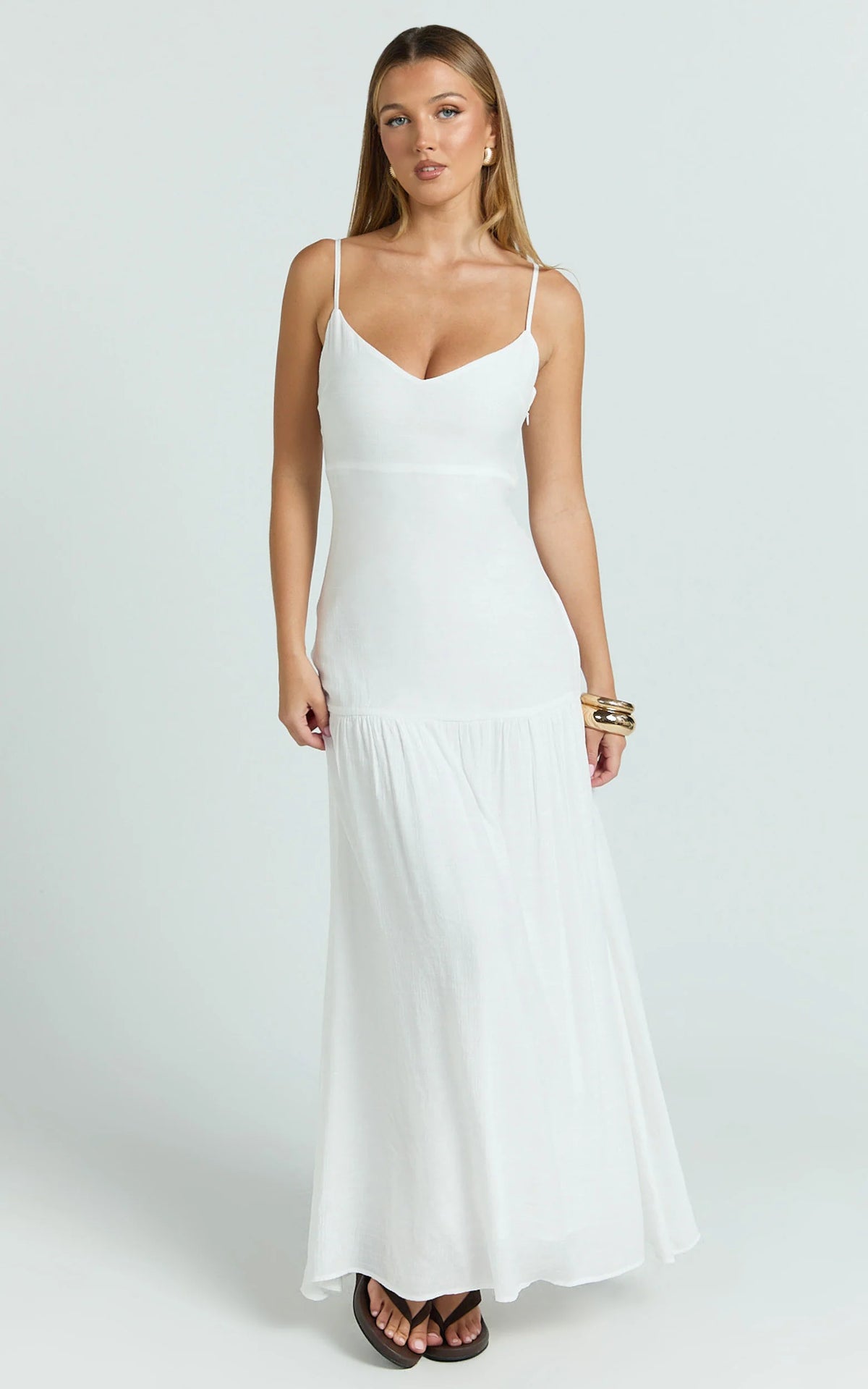 Collins Maxi Dress - V Neck Dropped Waist Gathered Maxi Dress in Off White