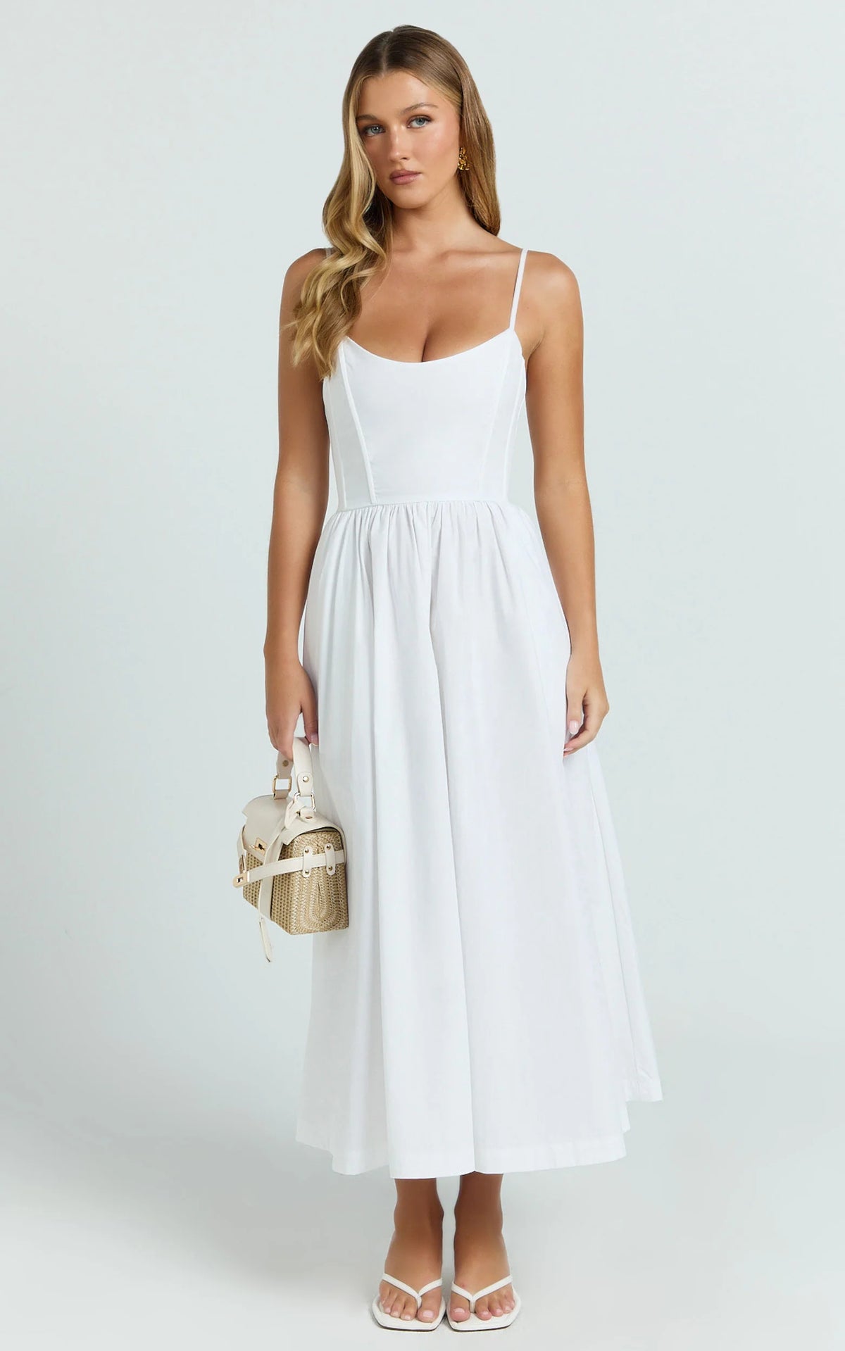Braelyn Midi Dress - Scoop Neck Flare Dress in White