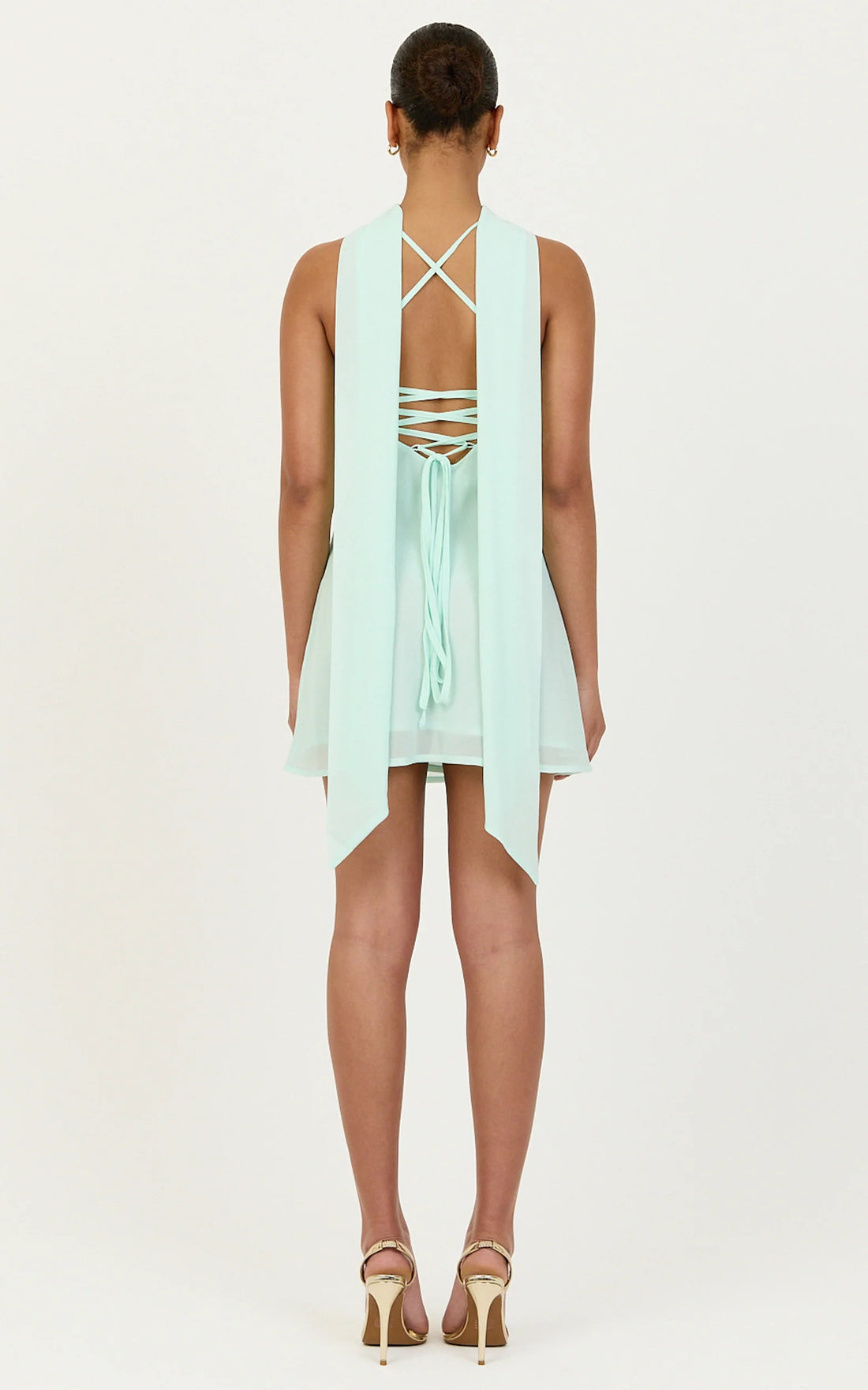 Arin Mini Dress - Satin Contrast Dress With Draped Neck Scarf in Mint