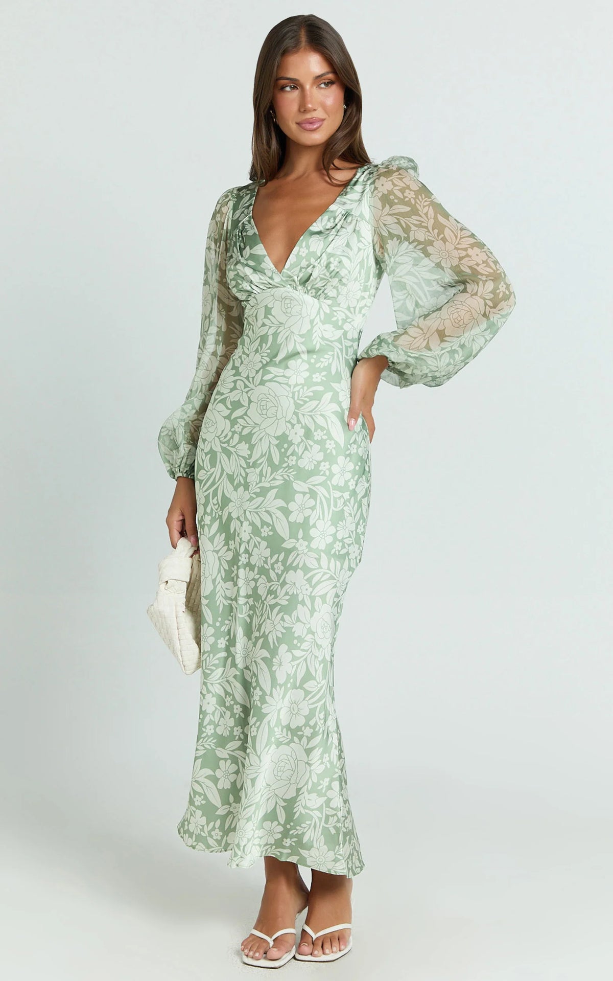 Freollyn Midi Dress - Deep V Neck Long Sleeve Dress in Sage