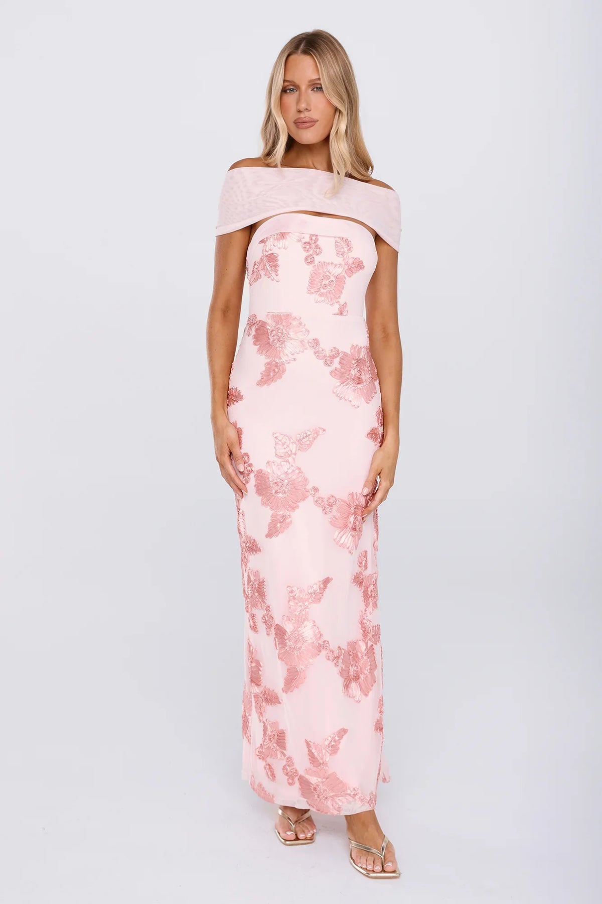 Worth the Plans Mesh Off Shoulder Maxi Dress Pink